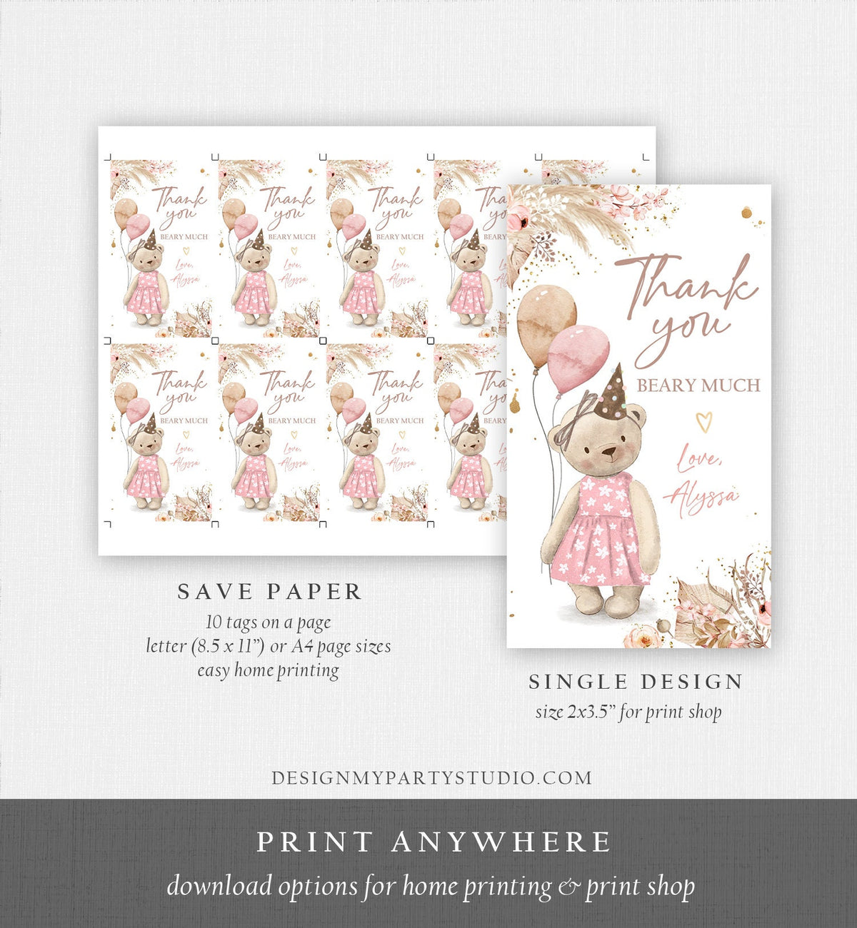 Editable Boho Teddy Bear Favor Tags Thank You Beary Much Tag Teddy Bear Birthday Tag Picnic Pink Girl Pampas Template Corjl PRINTABLE 0421
