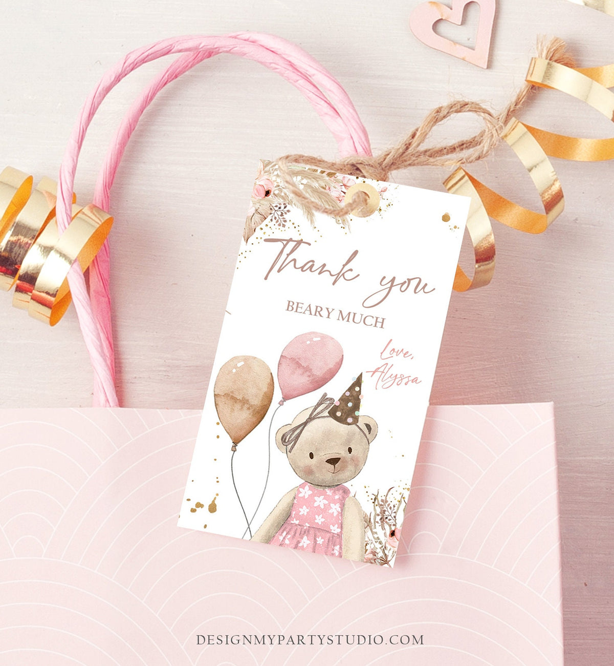 Editable Boho Teddy Bear Favor Tags Thank You Beary Much Tag Teddy Bear Birthday Tag Picnic Pink Girl Pampas Digital Template Pintable 0421