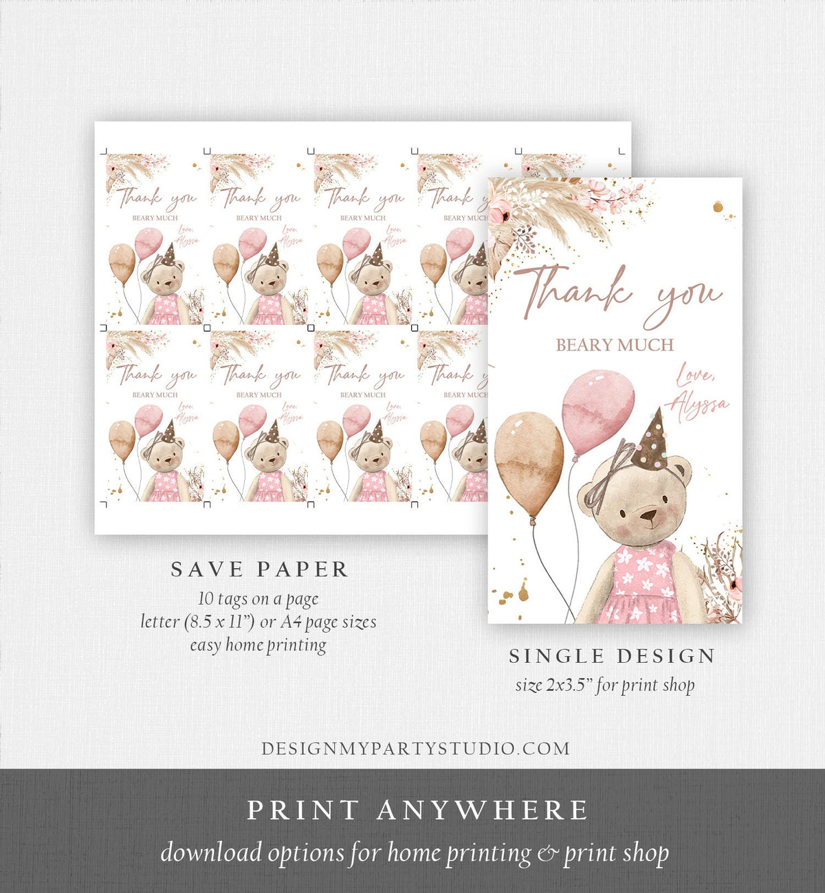 Editable Boho Teddy Bear Favor Tags Thank You Beary Much Tag Teddy Bear Birthday Tag Picnic Pink Girl Pampas Digital Template Pintable 0421