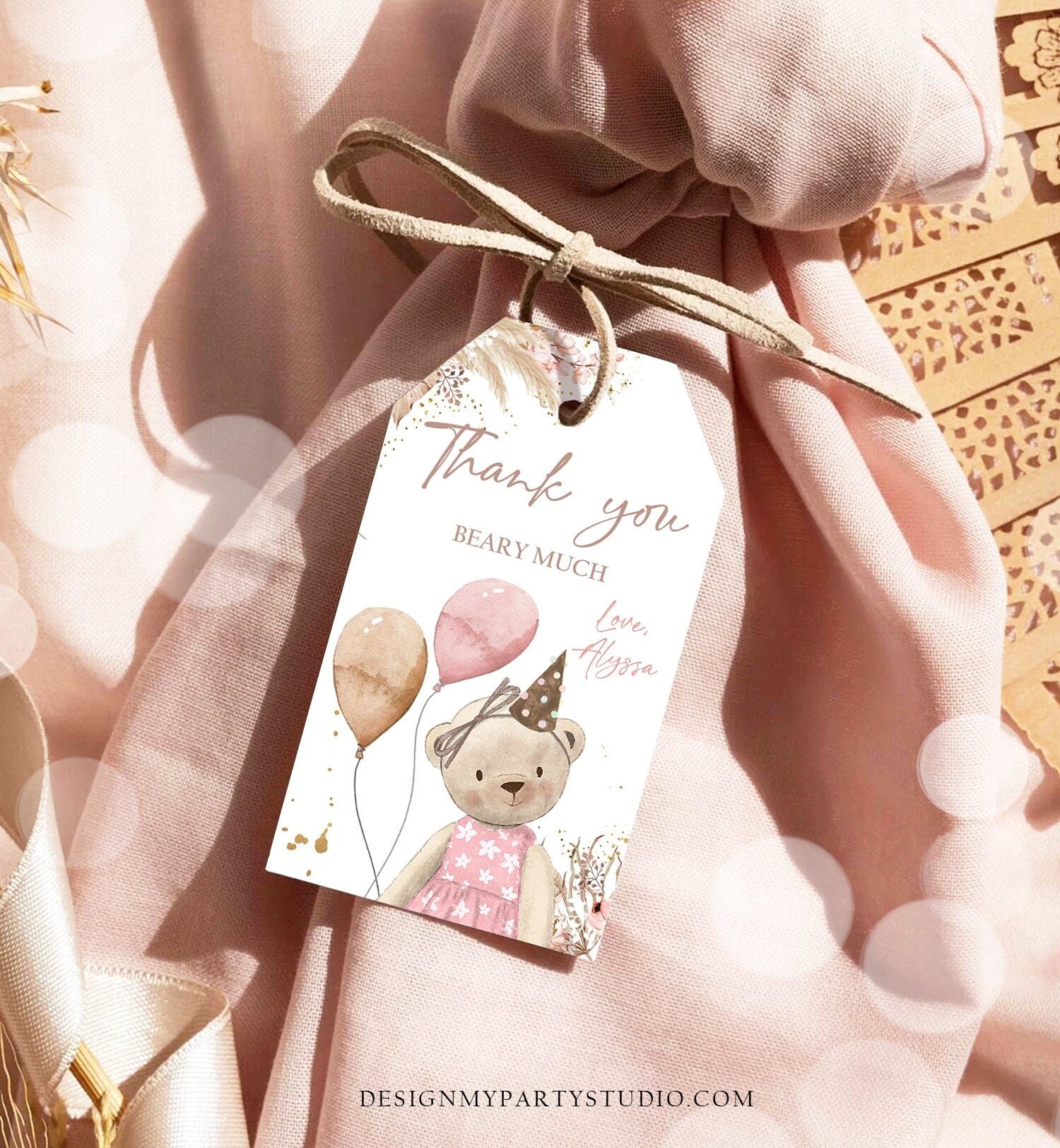 Editable Boho Teddy Bear Favor Tags Thank You Beary Much Tag Teddy Bear Birthday Tag Picnic Pink Girl Pampas Digital Template Pintable 0421