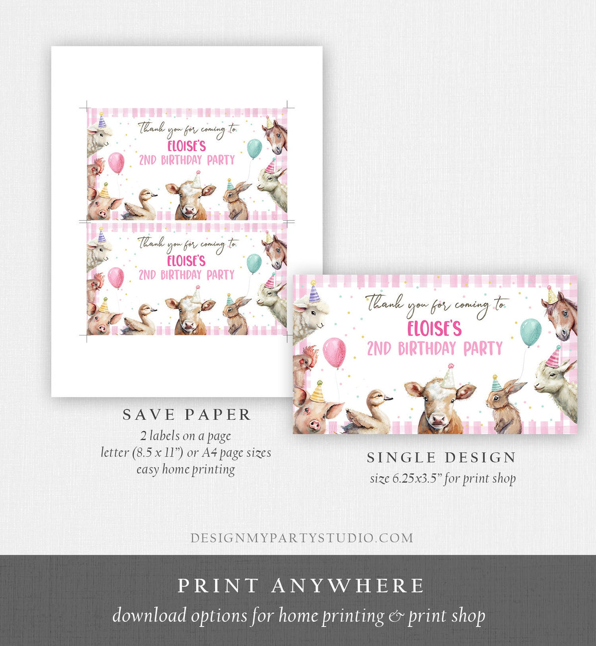 Editable Farm Animals Gable Gift Box Label Pink Farm Birthday Girl Treat Box Label Party Animals Barnyard Party Digital Printable Corjl 0448