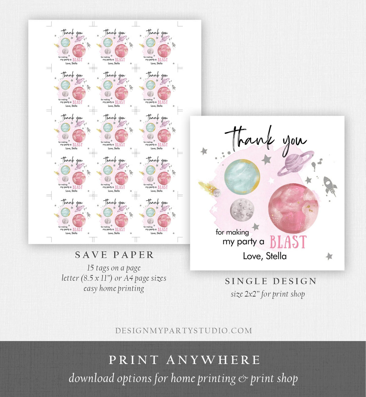 Editable Outer Space Favor Tag Space Birthday Thank You Sticker Galaxy Silver Trip Around the Sun Planets Digital Template Printable 0357