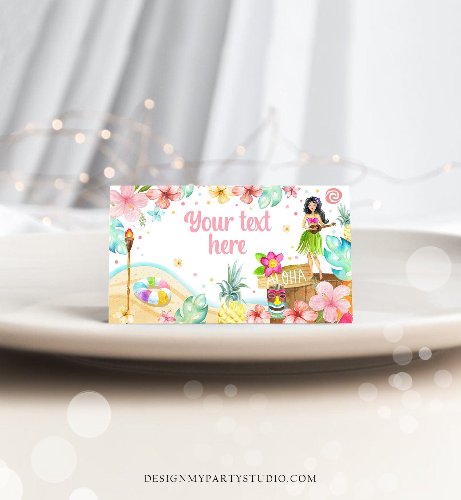 Editable Hawaiian Food Labels Luau Birthday Party Food Card Tent Card Girl Pink Tropical Name Card Pool Party Hawaii Template Digital 0413