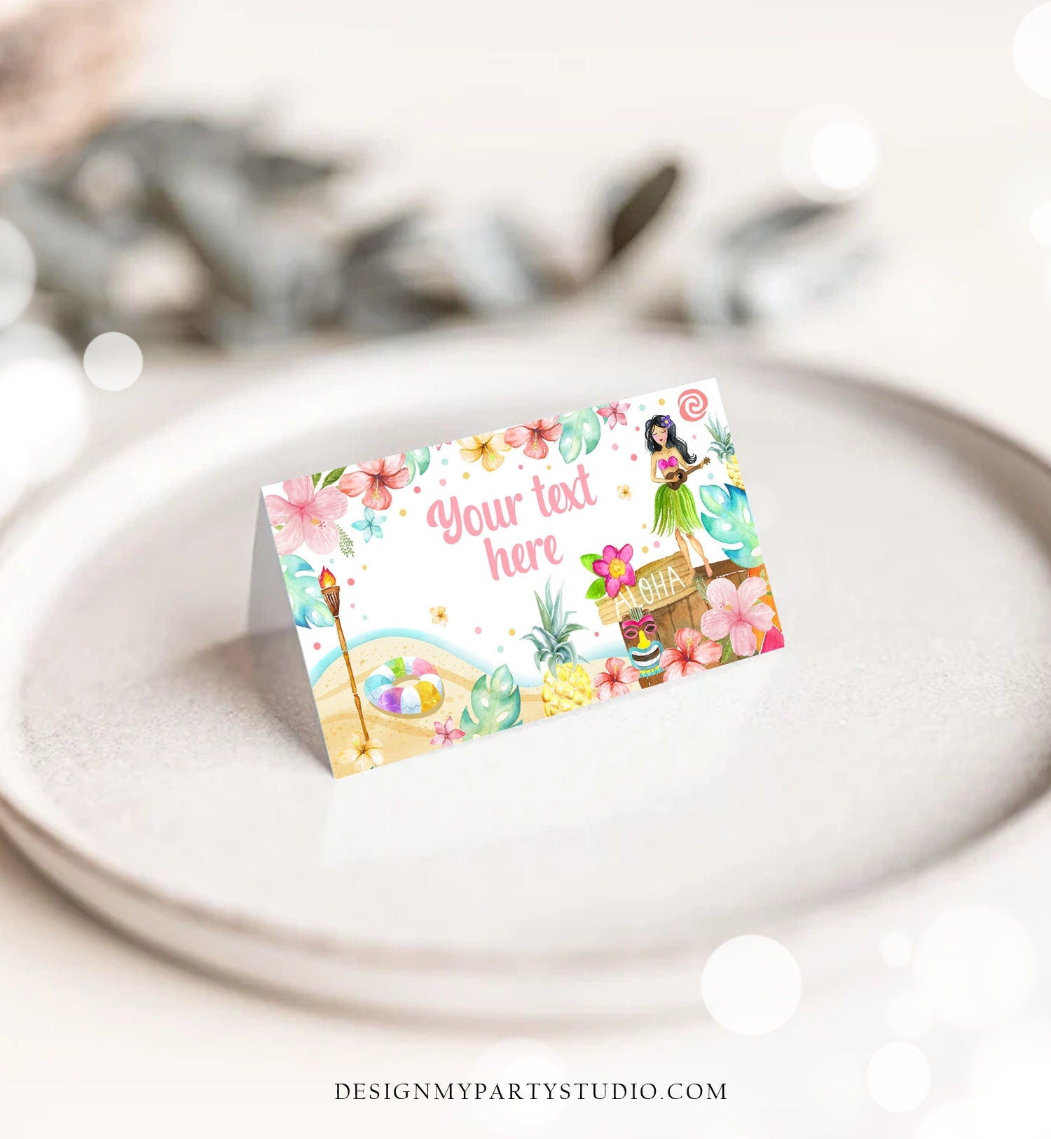 Editable Hawaiian Food Labels Luau Birthday Party Food Card Tent Card Girl Pink Tropical Name Card Pool Party Hawaii Template Digital 0413