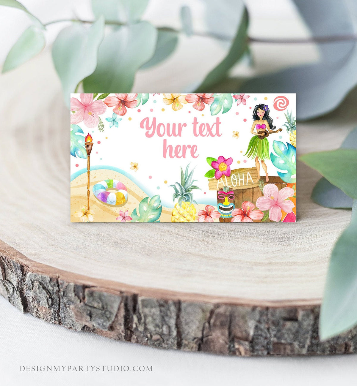 Editable Hawaiian Food Labels Luau Birthday Party Food Card Tent Card Girl Pink Tropical Name Card Pool Party Hawaii Template Digital 0413