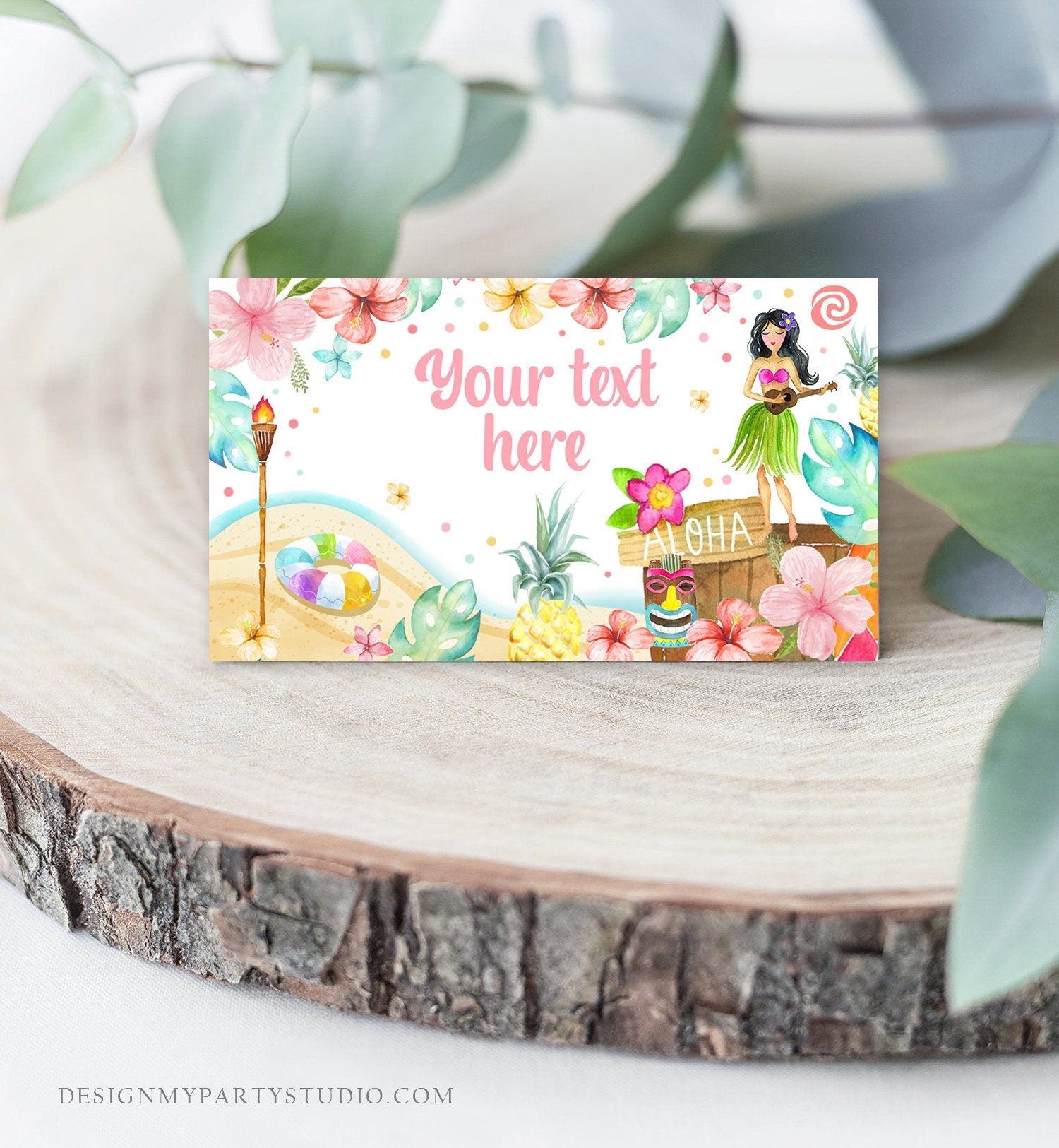Editable Hawaiian Food Labels Luau Birthday Party Food Card Tent Card Girl Pink Tropical Name Card Pool Party Hawaii Template Digital 0413