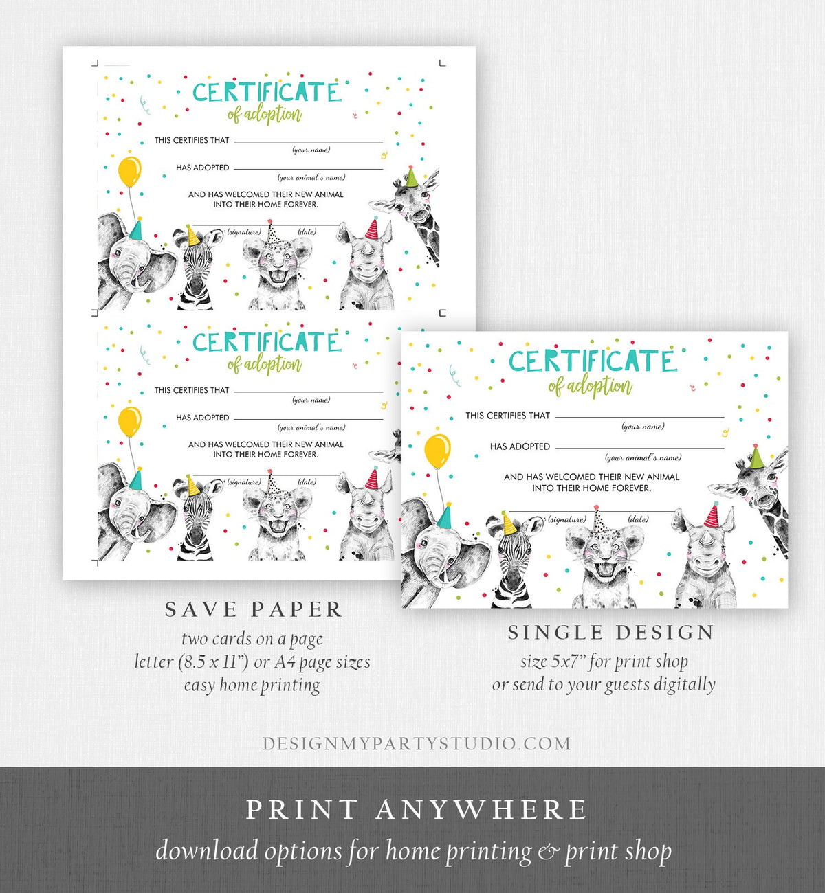 Adopt an Animal Adoption Certificate Safari Animals Adoption Wild One Birthday Party Animals Birthday Boy Digital Download Printable 0390