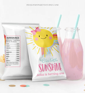 Editable Our Little Sunshine Chip Bag Summer Sunshine Sun Birthday Party 1st First Trip Around the Sun Girl Pink Digital Corjl Template 0141