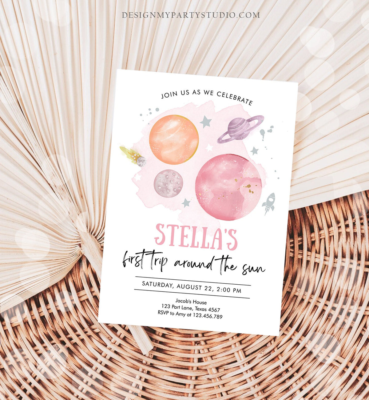 Editable Outer Space Girl First Birthday Invitation Galaxy First Trip Around the Sun Pink Silver Digital Download Template Printable 0357