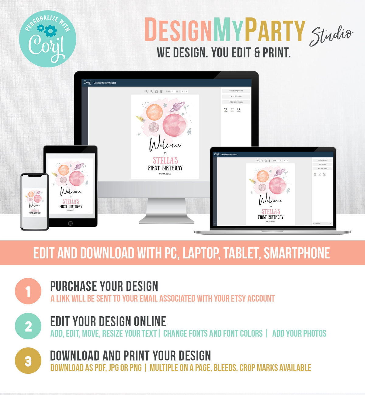 Editable Outer Space Birthday Welcome Sign 1st Birthday Girl Pink Orange Galaxy Planets Trip Around the Sun Digital Template Printable 0357