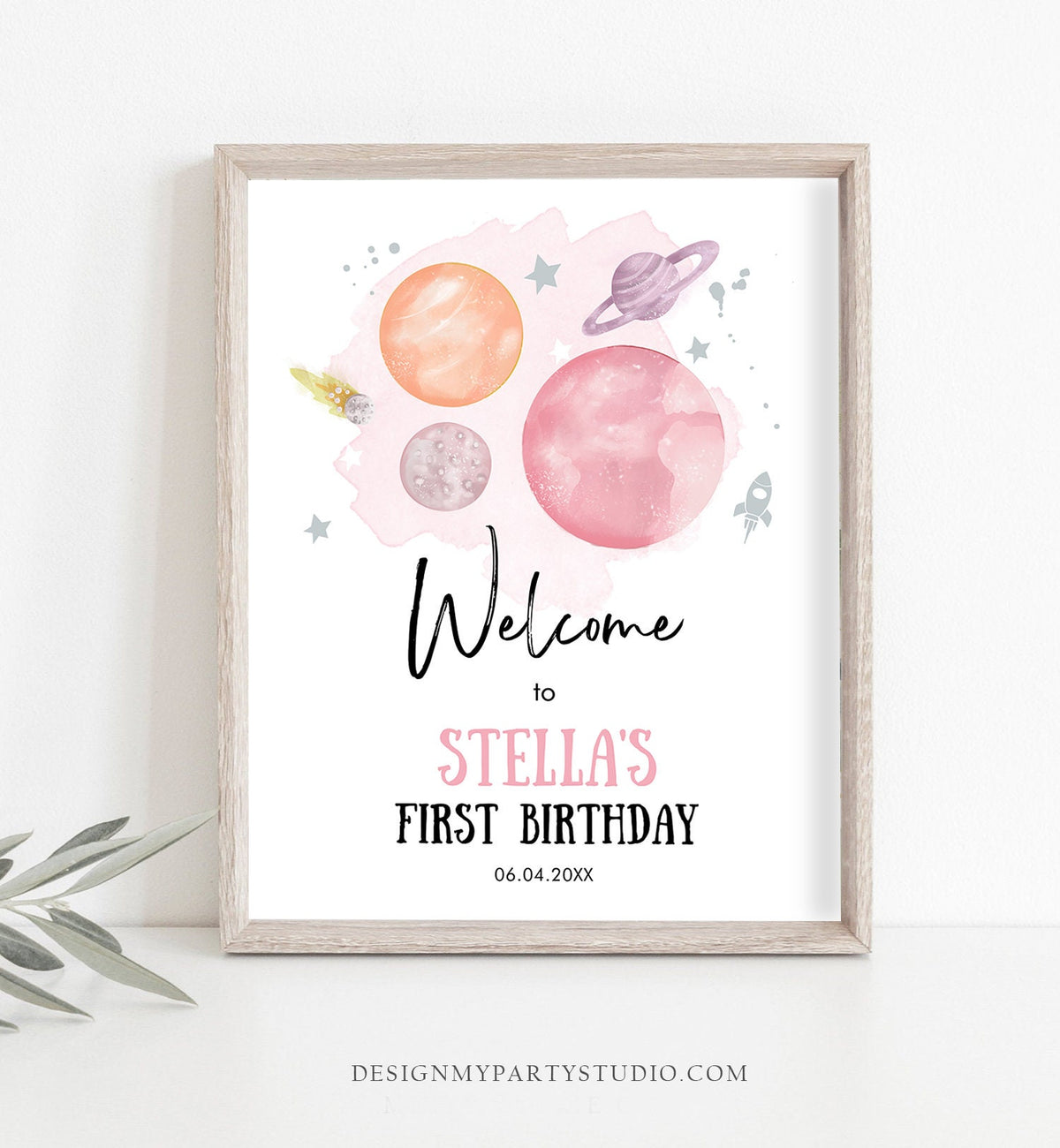 Editable Outer Space Birthday Welcome Sign 1st Birthday Girl Pink Orange Galaxy Planets Trip Around the Sun Digital Template Printable 0357