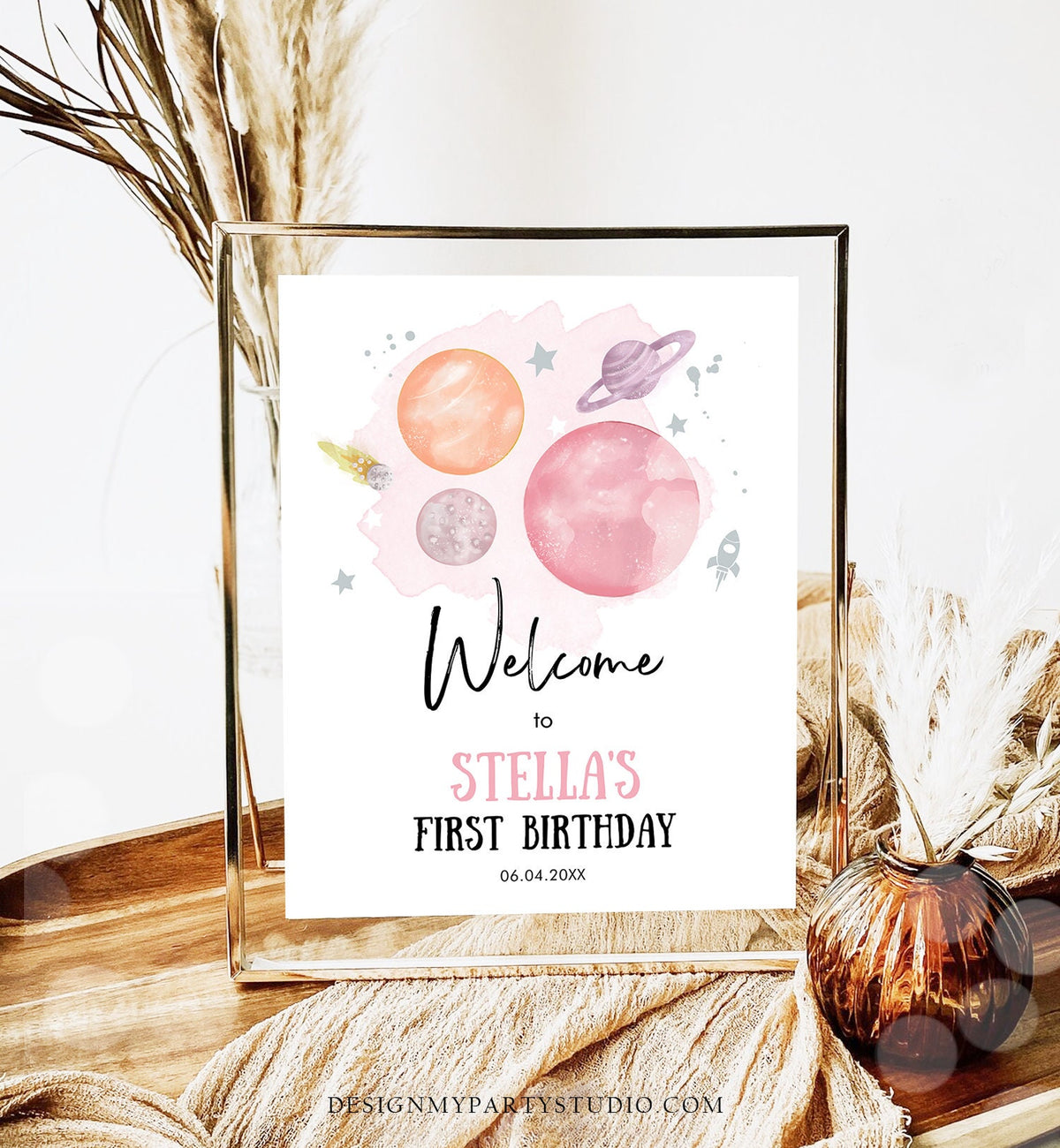 Editable Outer Space Birthday Welcome Sign 1st Birthday Girl Pink Orange Galaxy Planets Trip Around the Sun Digital Template Printable 0357