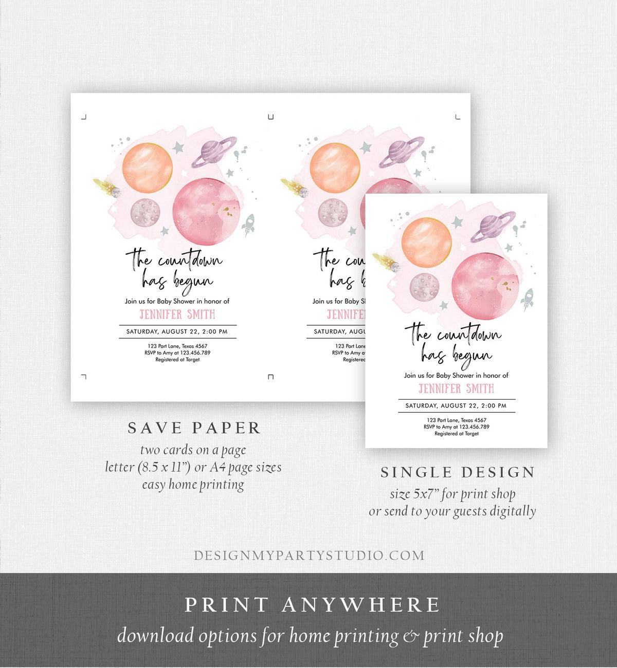 Editable Space Baby Shower Invitation Galaxy Outer Space Orange Girl Pink Planets Moon Countdown Invite Template Instant Download Corjl 0357