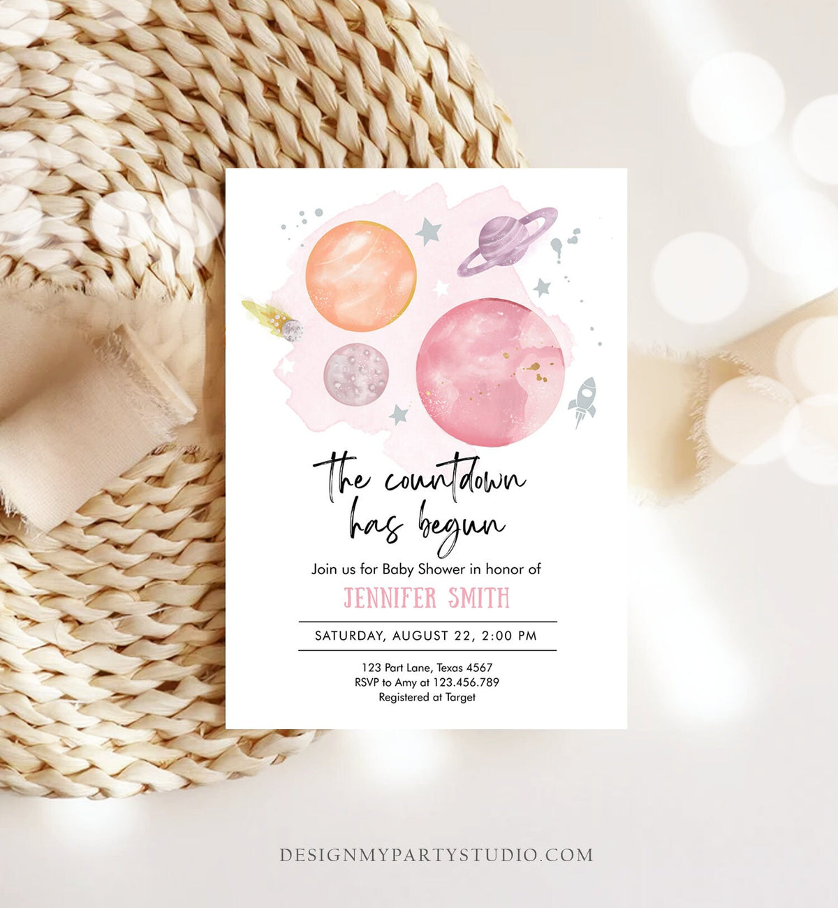 Editable Space Baby Shower Invitation Galaxy Outer Space Orange Girl Pink Planets Moon Countdown Invite Template Instant Download Corjl 0357