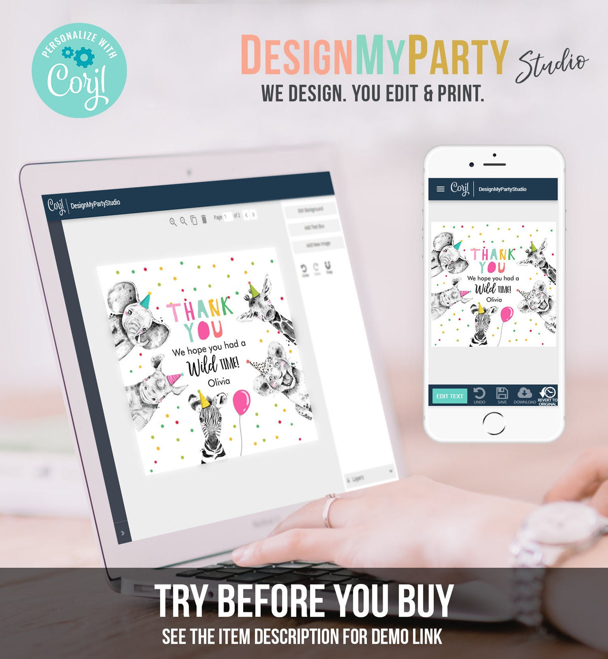 Editable Party Animals Favor tags Wild One Animals Thank you tag Safari Animals Zoo Birthday Wild Time Stickers Zoo Template Corjl 0390