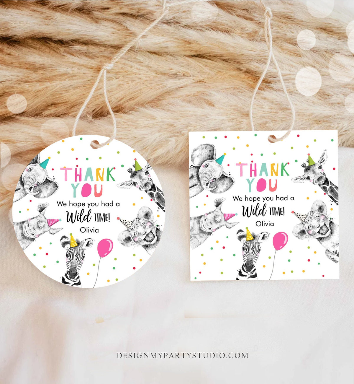 Editable Party Animals Favor tags Wild One Animals Thank you tag Safari Animals Zoo Birthday Wild Time Stickers Zoo Template Corjl 0390