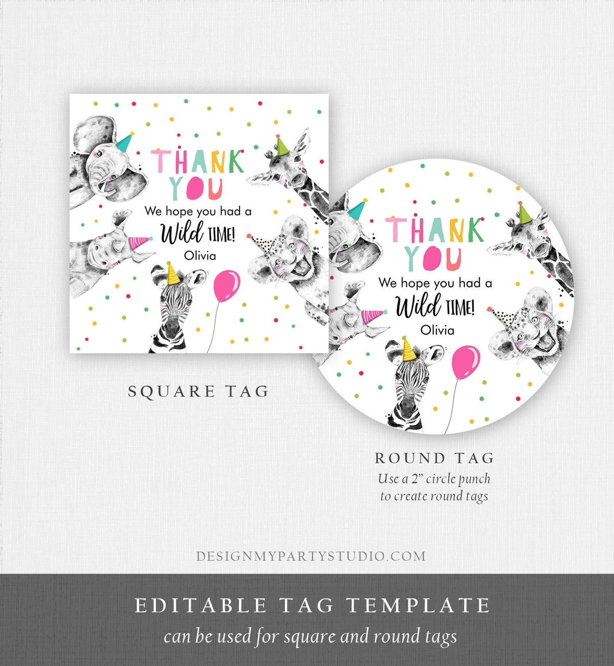 Editable Party Animals Favor tags Wild One Animals Thank you tag Safari Animals Zoo Birthday Wild Time Stickers Zoo Template Corjl 0390