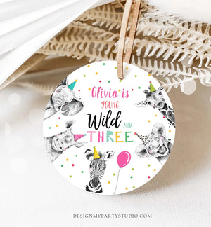 Editable Party Animals Young Wild and Three Favor tags 3rd Birthday Safari Animals Zoo Birthday Wild Time Stickers Zoo Template Corjl 0390