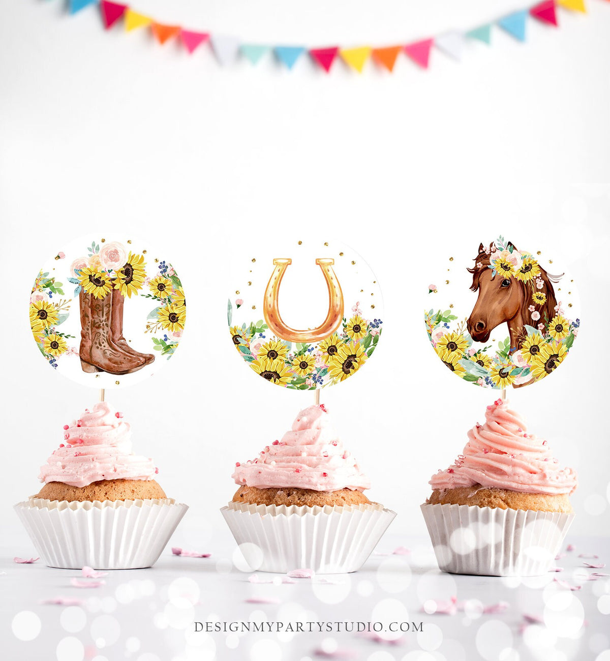 Horse Cupcake Toppers Favor Tags Girl Saddle Up Pony Birthday Party Decoration Cowgirl Floral Sunflowers Download Digital PRINTABLE 0408
