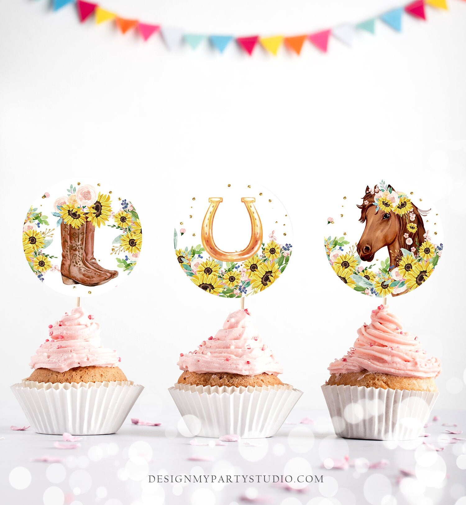 Horse Cupcake Toppers Favor Tags Girl Saddle Up Pony Birthday Party Decoration Cowgirl Floral Sunflowers Download Digital PRINTABLE 0408