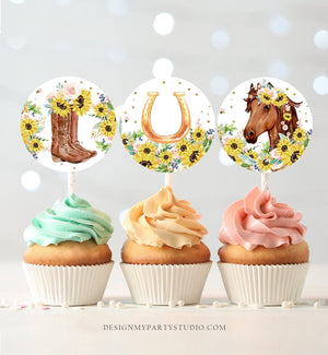 Horse Cupcake Toppers Favor Tags Girl Saddle Up Pony Birthday Party Decoration Cowgirl Floral Sunflowers Download Digital PRINTABLE 0408
