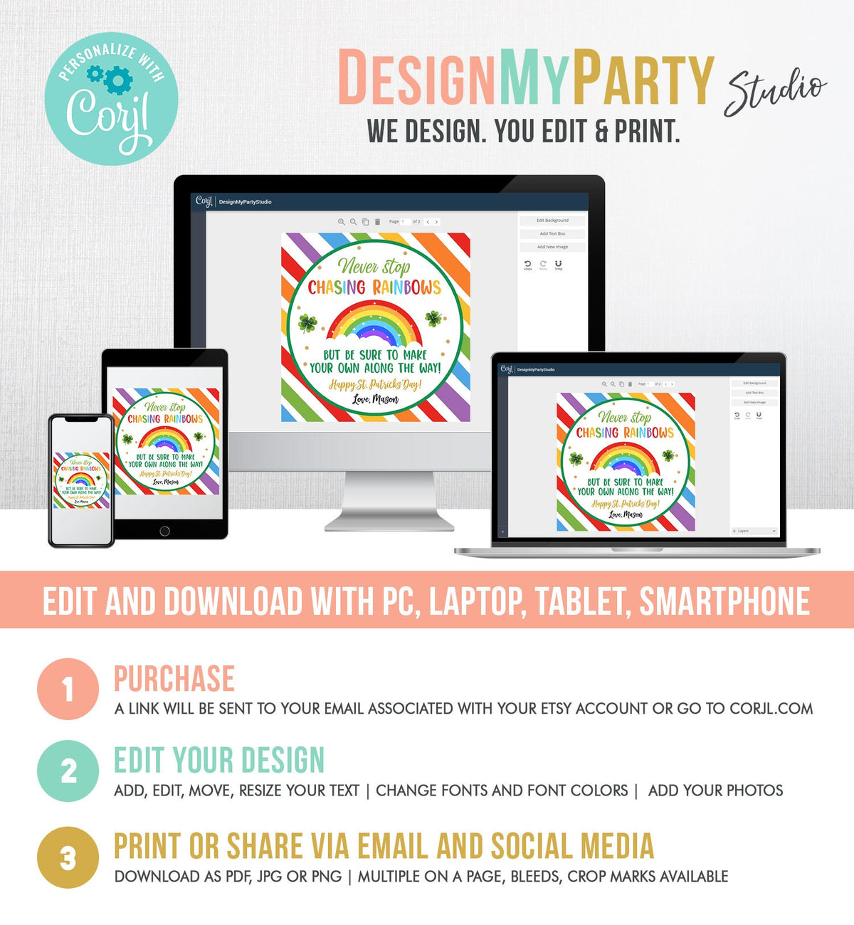 Editable Chasing Rainbows Tag St Patrick&#39;s Day Favor Classroom Gift Crayons Pot of Gold Shamrock Leprechaun Digital Template Printable 0451