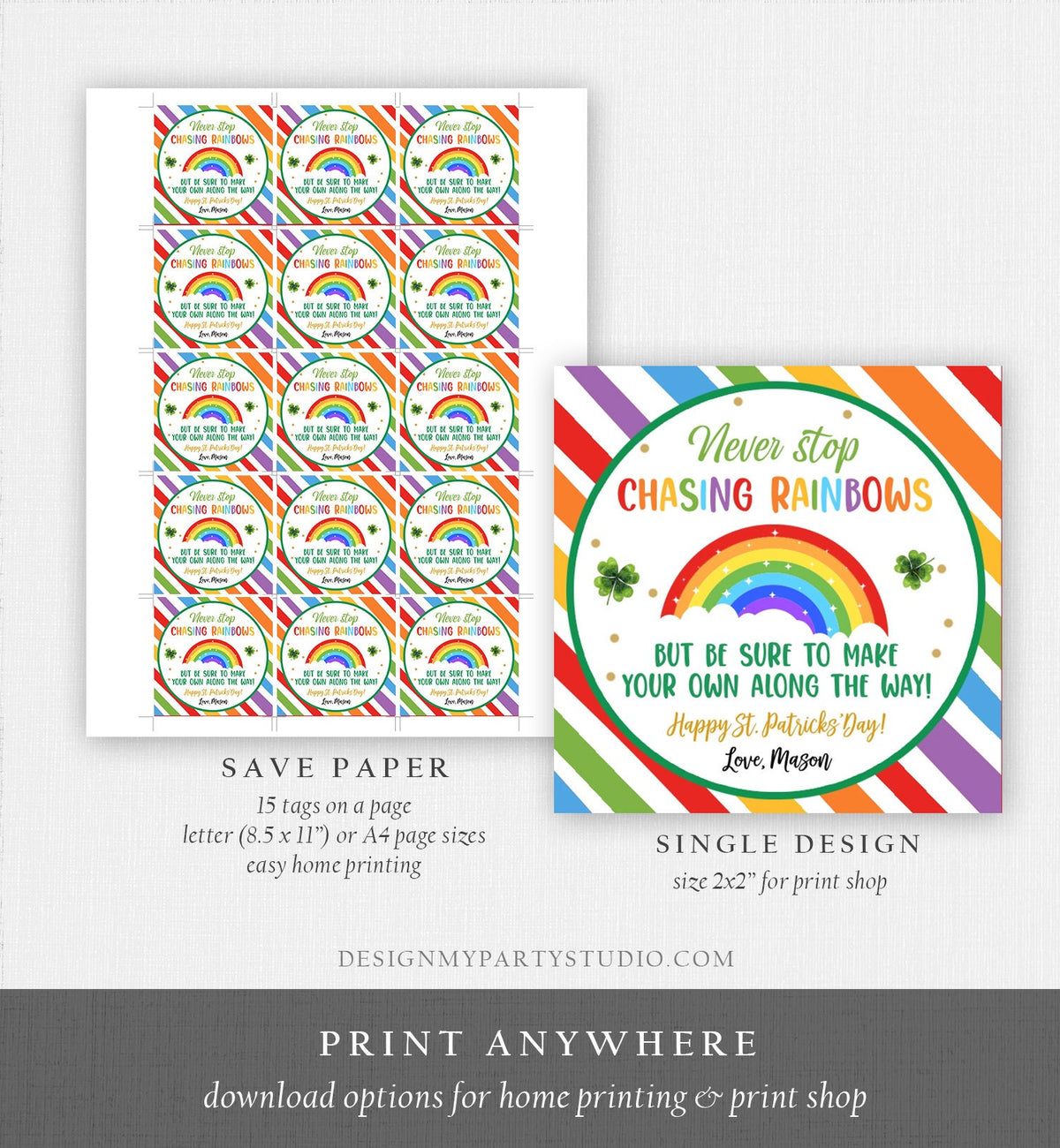 Editable Chasing Rainbows Tag St Patrick&#39;s Day Favor Classroom Gift Crayons Pot of Gold Shamrock Leprechaun Digital Template Printable 0451