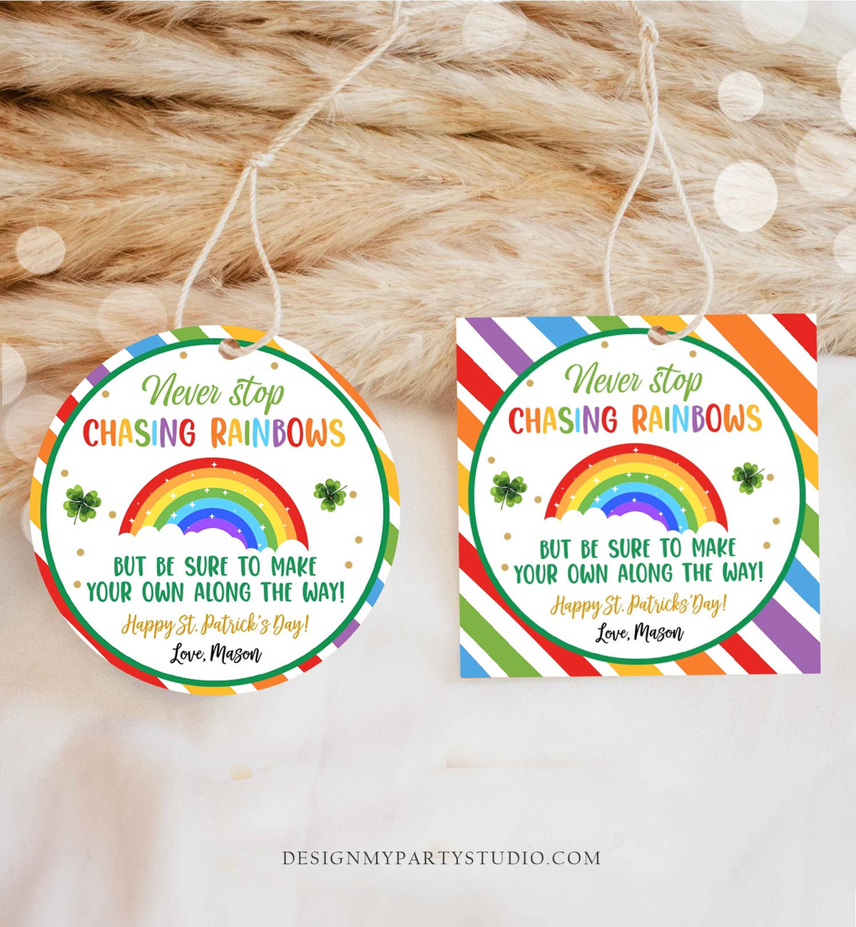 Editable Chasing Rainbows Tag St Patrick&#39;s Day Favor Classroom Gift Crayons Pot of Gold Shamrock Leprechaun Digital Template Printable 0451