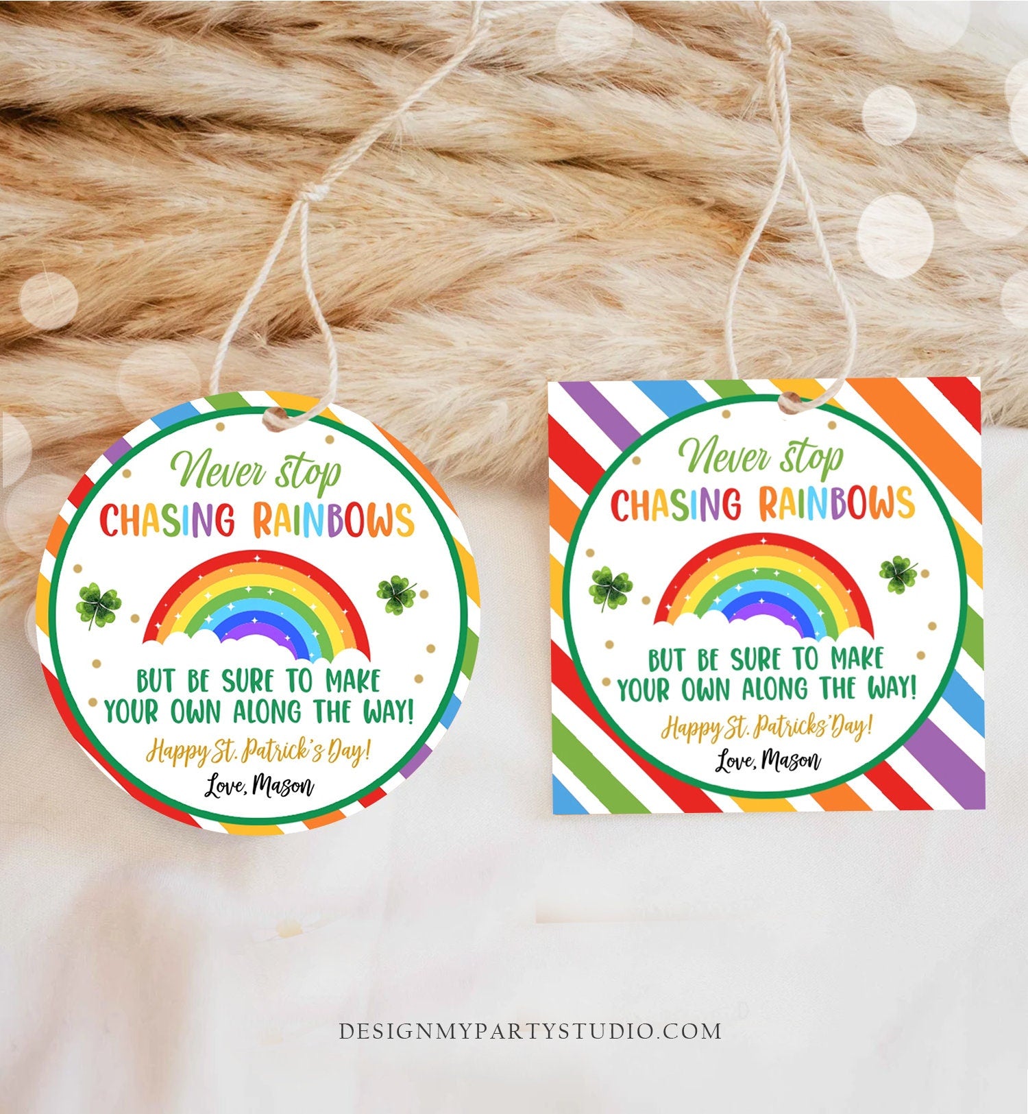 Editable Chasing Rainbows Tag St Patrick's Day Favor Classroom Gift Crayons Pot of Gold Shamrock Leprechaun Digital Template Printable 0451