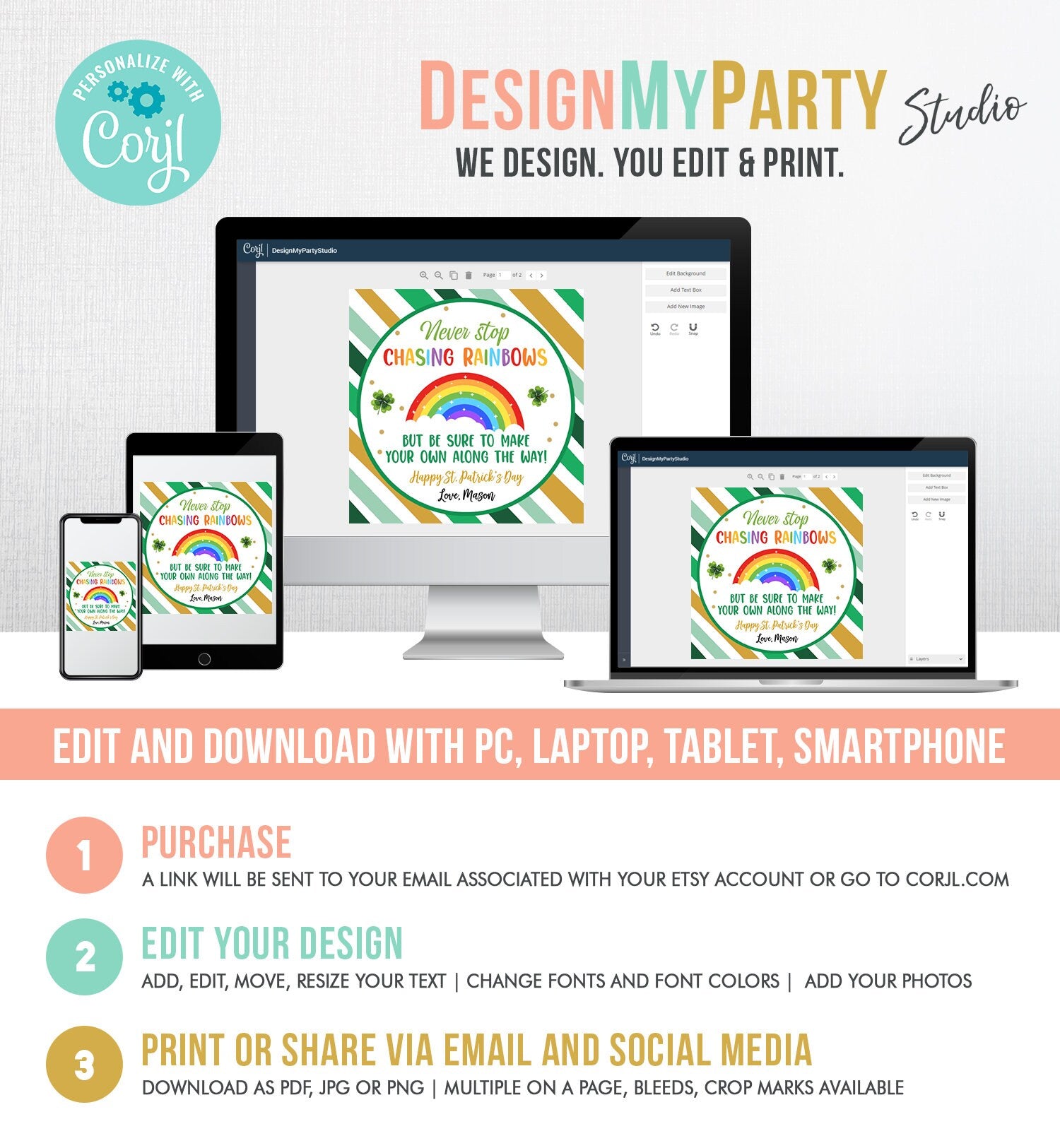 Editable Chasing Rainbows Tag St Patrick's Day Favor Tags Gift Kids Crayons Pot of Gold Shamrock Leprechaun Digital Template Printable 0451