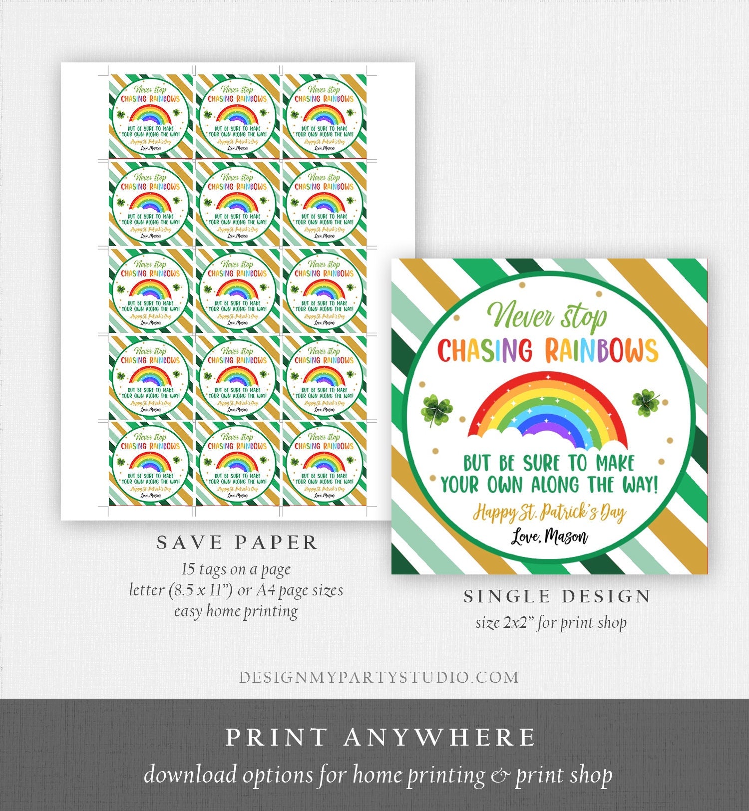 Editable Chasing Rainbows Tag St Patrick's Day Favor Tags Gift Kids Crayons Pot of Gold Shamrock Leprechaun Digital Template Printable 0451