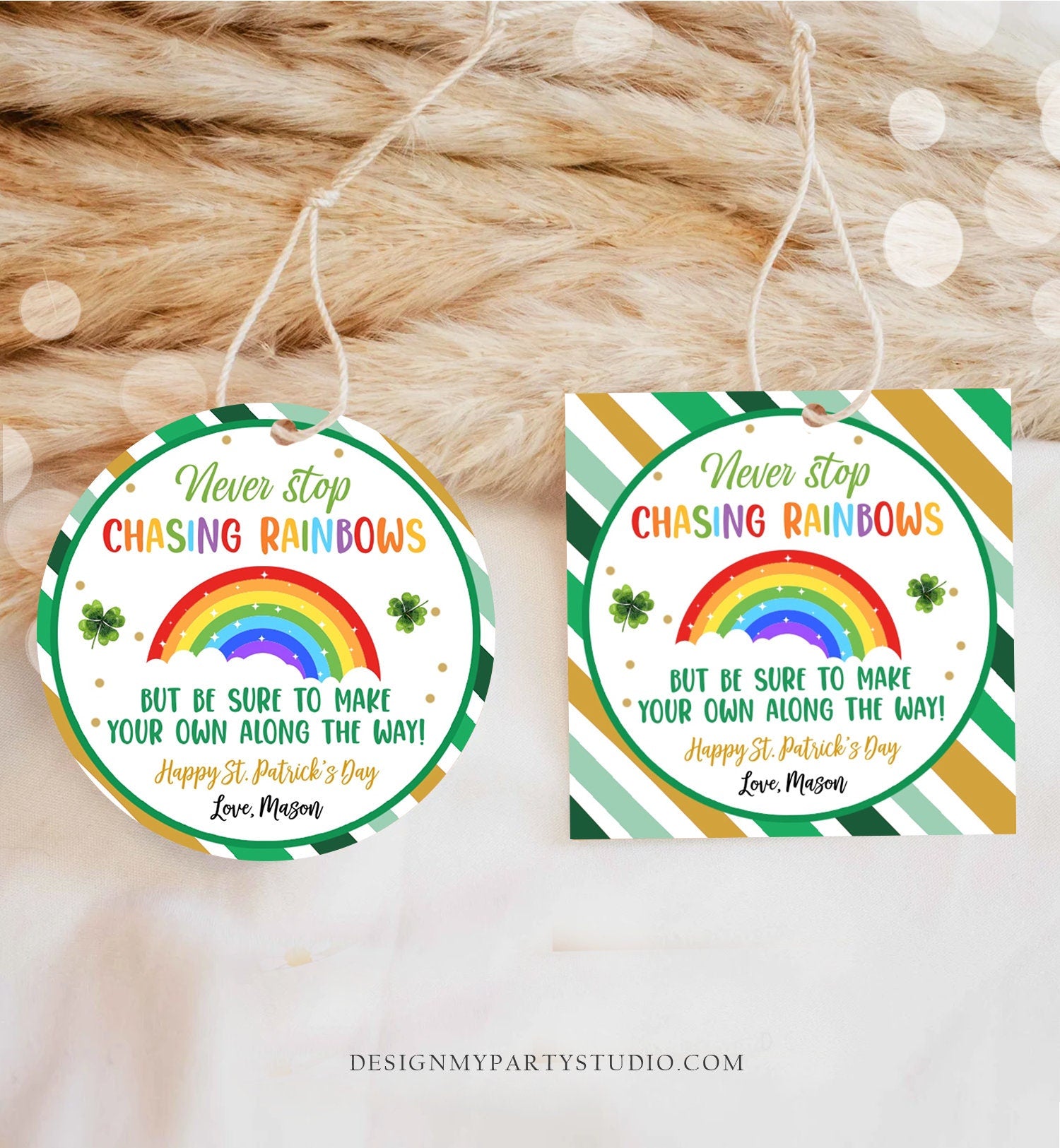 Editable Chasing Rainbows Tag St Patrick's Day Favor Tags Gift Kids Crayons Pot of Gold Shamrock Leprechaun Digital Template Printable 0451