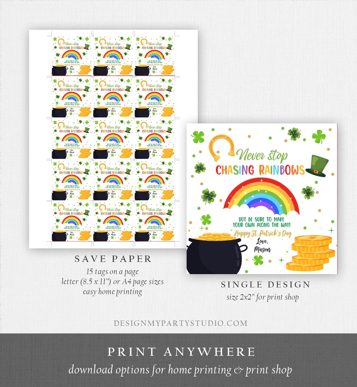 Editable Chasing Rainbows Tag St Patrick&#39;s Day Favor Tags Glassroom Gift Kids Crayons Pot of Gold Shamrock Leprechaun Template Corjl 0451