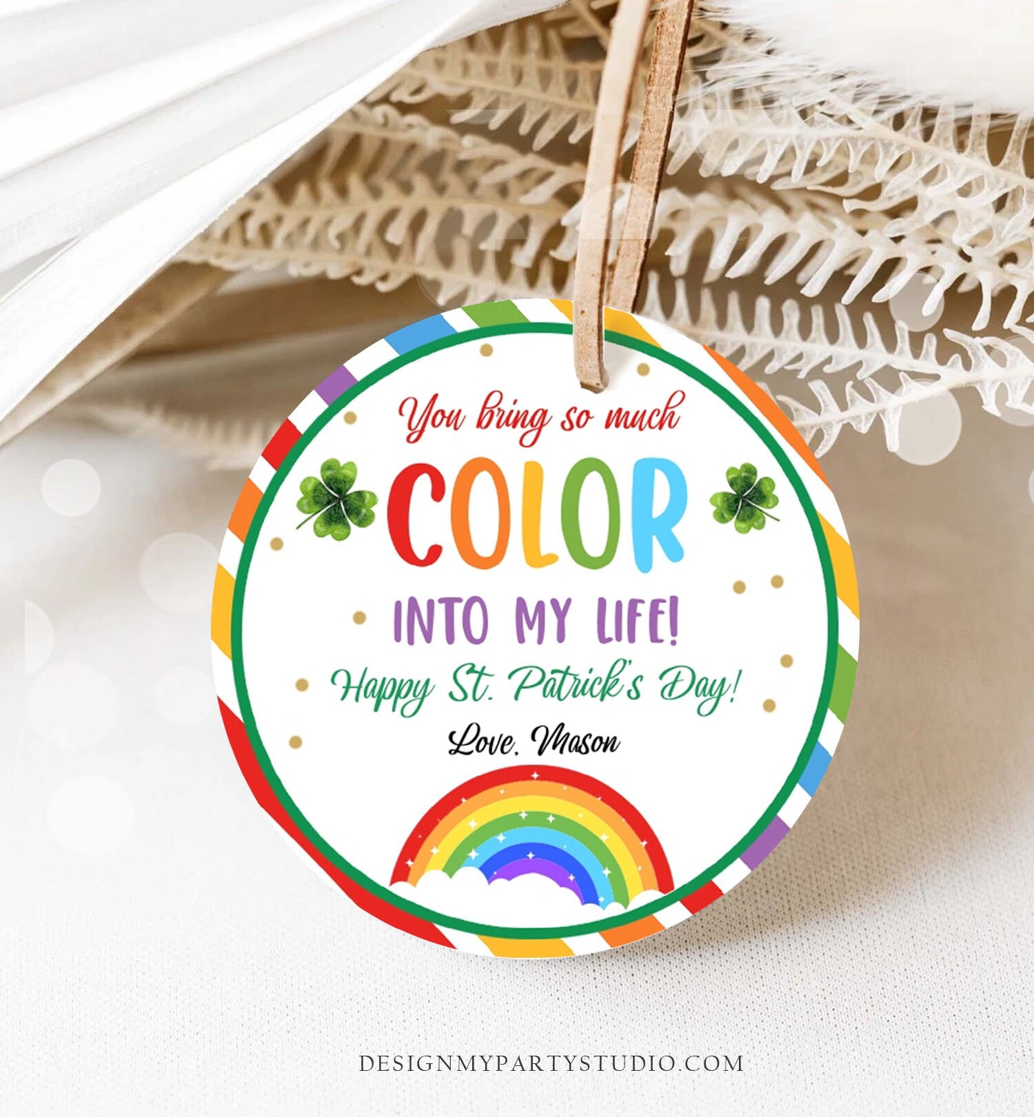 Editable Chasing Rainbows Tag St Patrick's Day Favor Tags Glassroom Gift Kids Crayons Pot of Gold Shamrock Leprechaun Template Corjl 0451