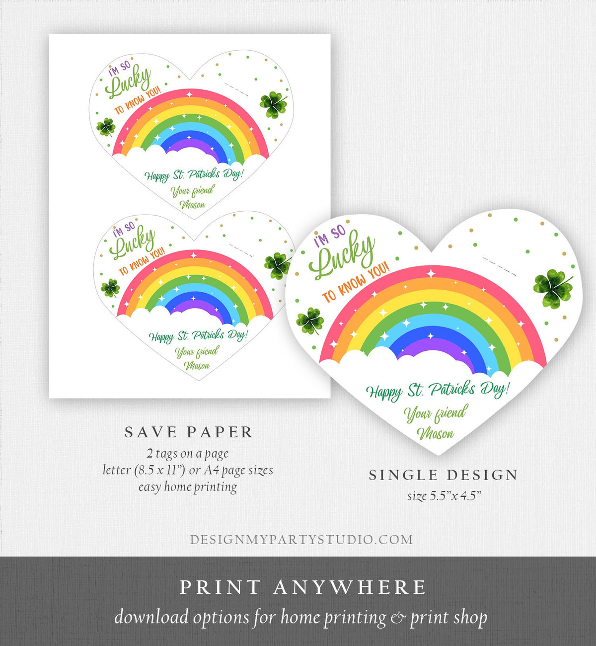 Editable St. Patrick&#39;s Day Favor Tag Classroom Gift Kids Lollipop Holder Lucky to Know You Card Class Digital Template Printable 0451