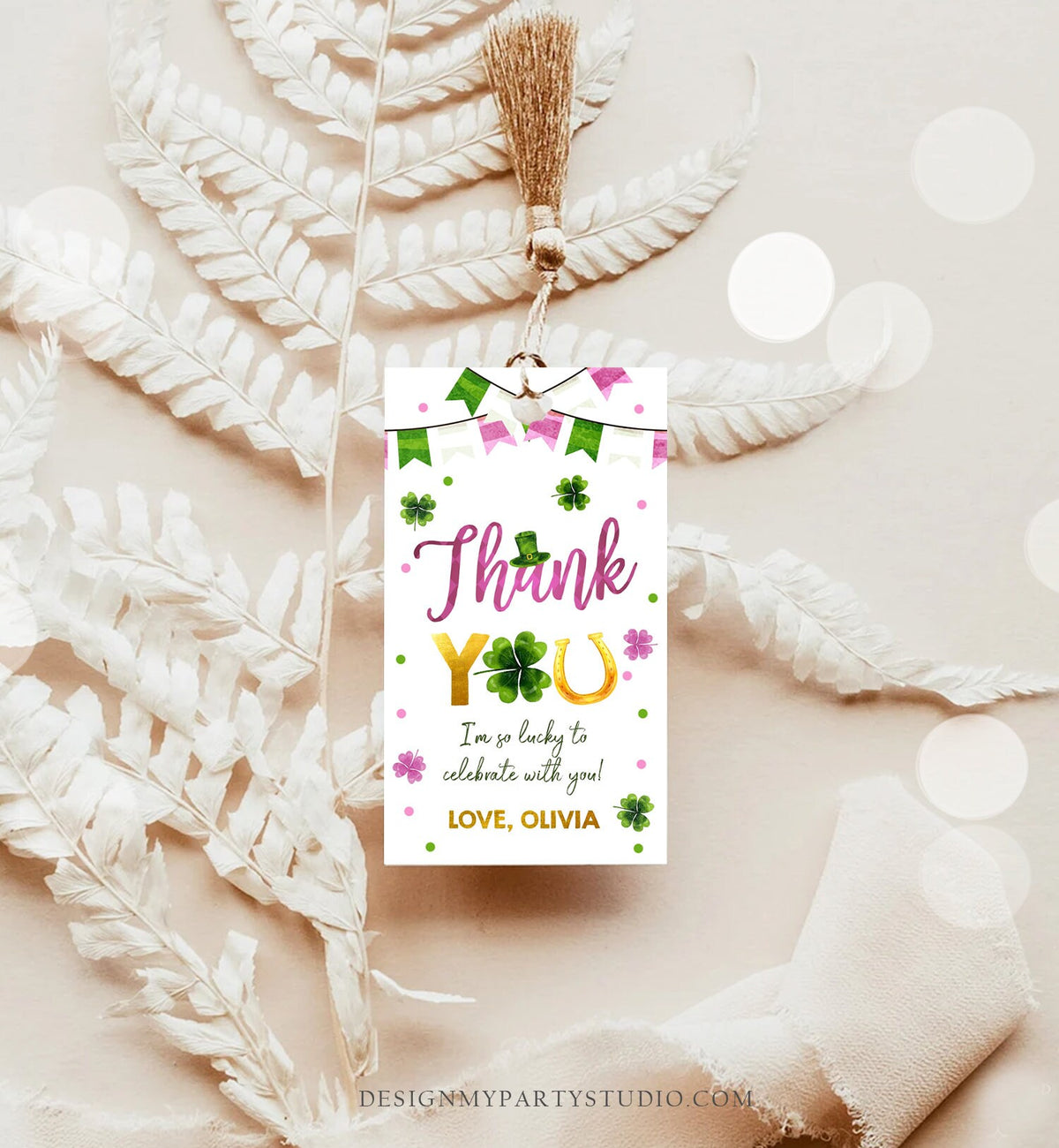Editable St Patrick&#39;s Day Thank You Favor Tag Lucky One Horseshoe Girl Pink Gold Clover Shamrock Birthday Party Corjl Template 0451 0379