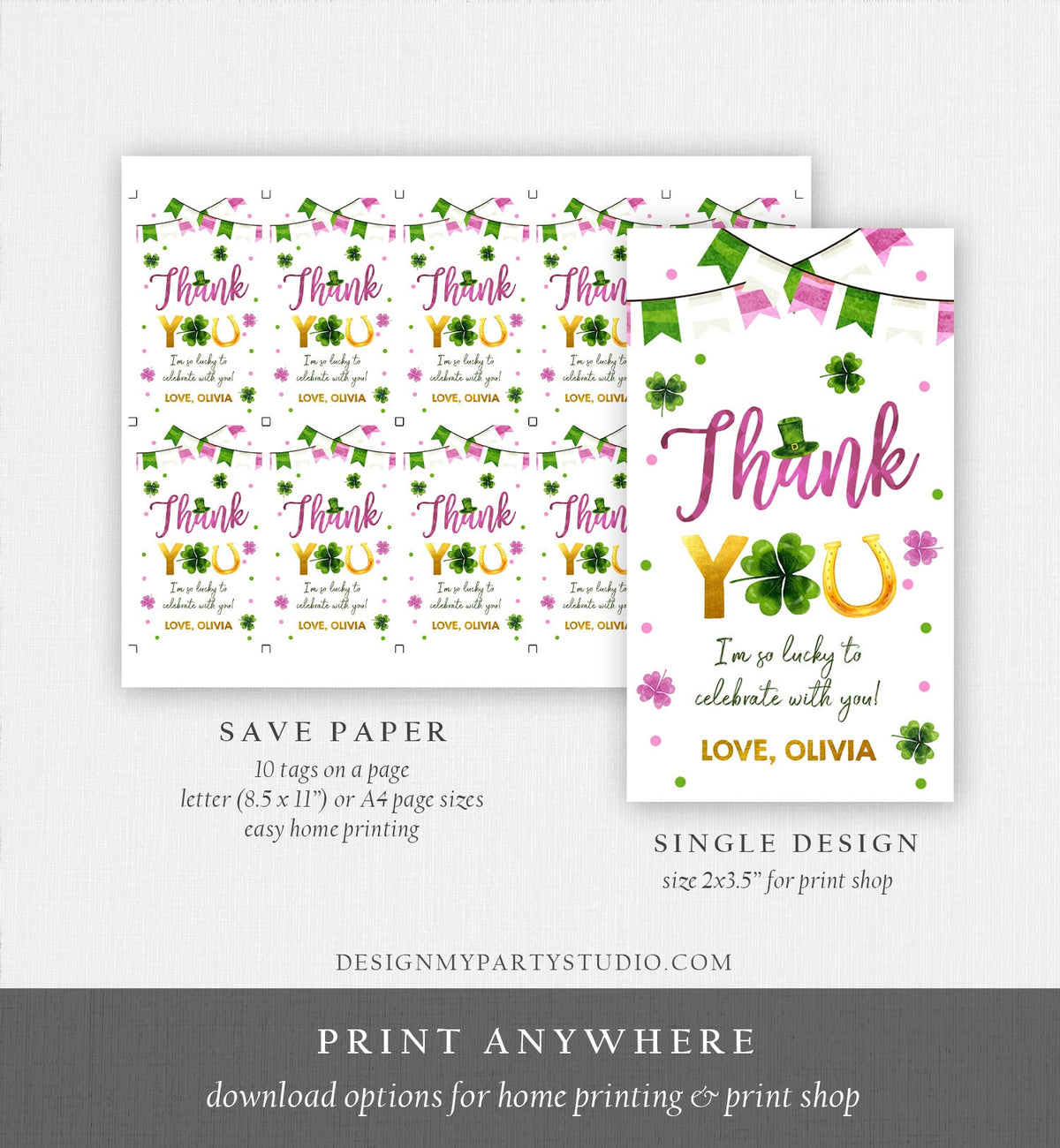 Editable St Patrick&#39;s Day Thank You Favor Tag Lucky One Horseshoe Girl Pink Gold Clover Shamrock Birthday Party Corjl Template 0451 0379
