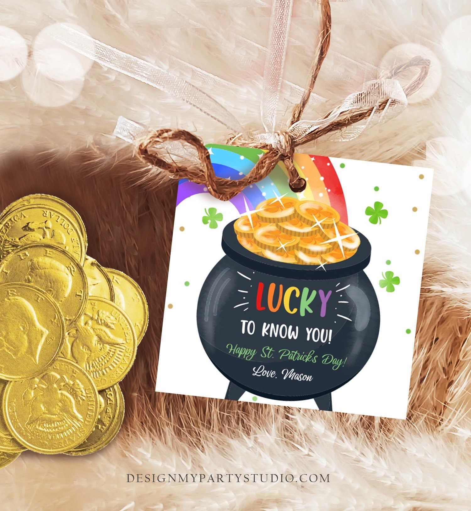 Editable St. Patrick's Day Tag Pot of Gold Favor Tags Glassroom Gift Kids Rainbow Party Favors Gift Friend Class Treats Template Corjl 0451