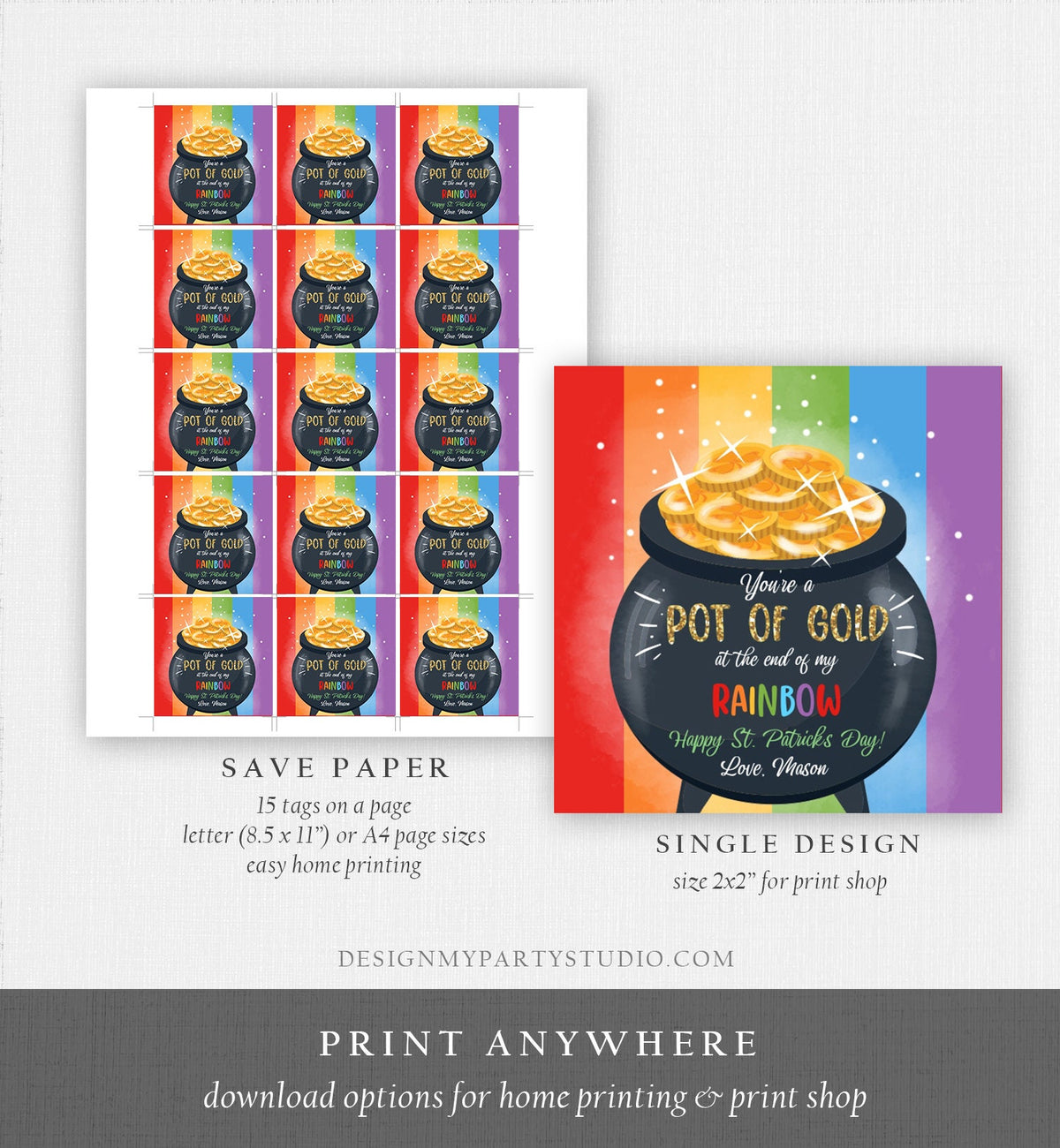 Editable St. Patrick&#39;s Day Tag Pot of Gold Favor Tags Glassroom Gift Kids Rainbow Party Favors Gift Friend Class Treats Template Corjl 0451