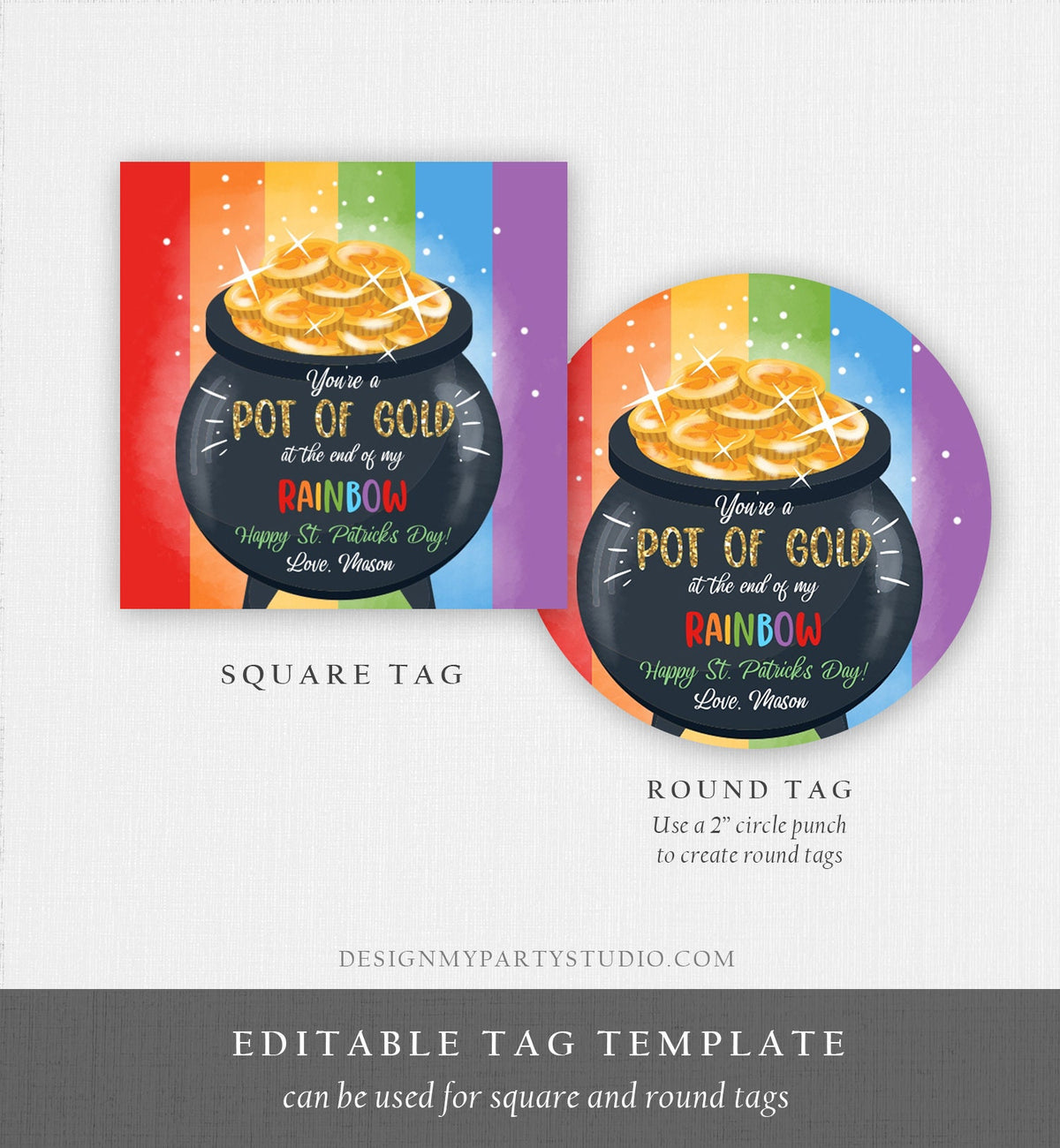 Editable St. Patrick&#39;s Day Tag Pot of Gold Favor Tags Glassroom Gift Kids Rainbow Party Favors Gift Friend Class Treats Template Corjl 0451
