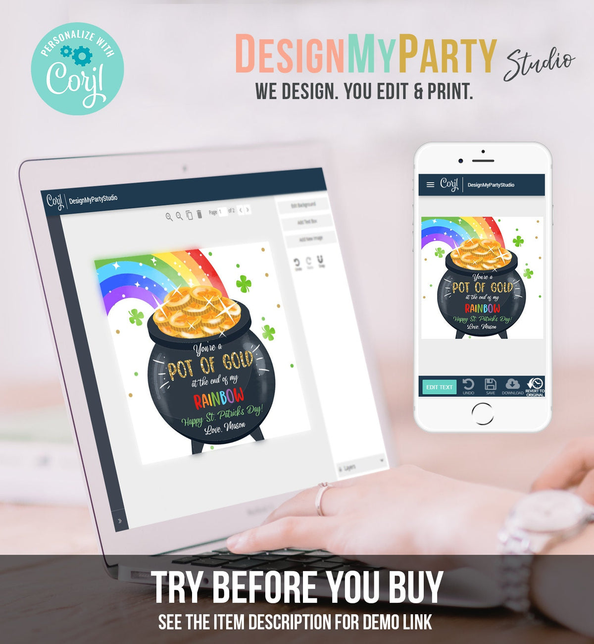 Editable St. Patrick&#39;s Day Tag Pot of Gold Favor Tags Glassroom Gift Kids Rainbow Party Favors Gift Friend Class Treats Template Corjl 0451