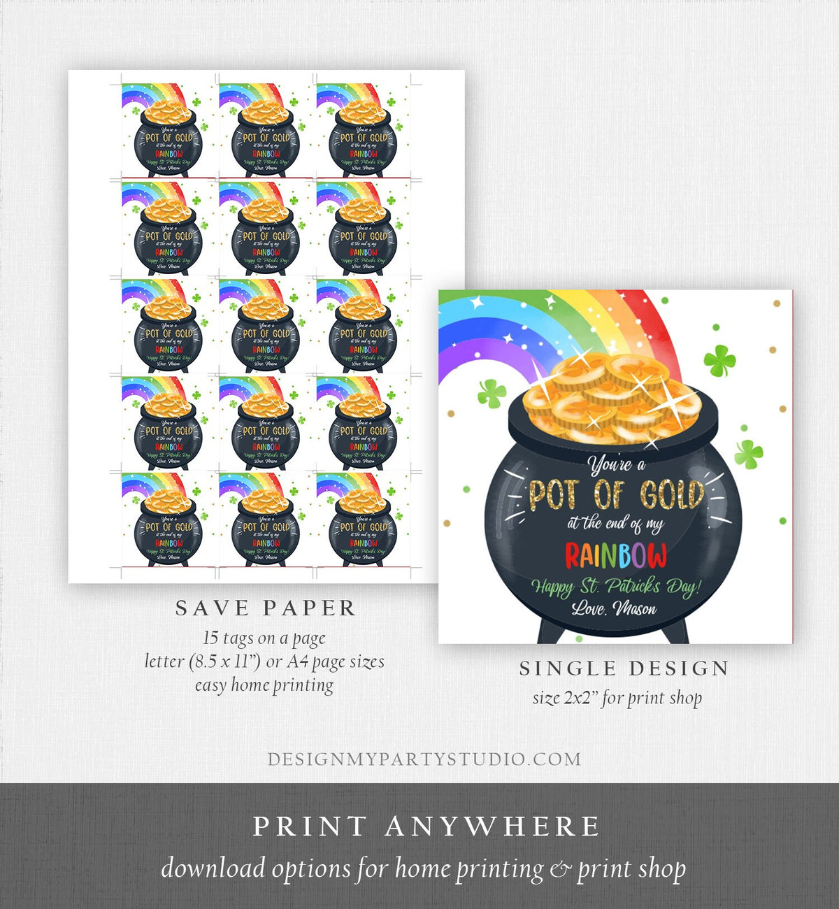 Editable St. Patrick&#39;s Day Tag Pot of Gold Favor Tags Glassroom Gift Kids Rainbow Party Favors Gift Friend Class Treats Template Corjl 0451