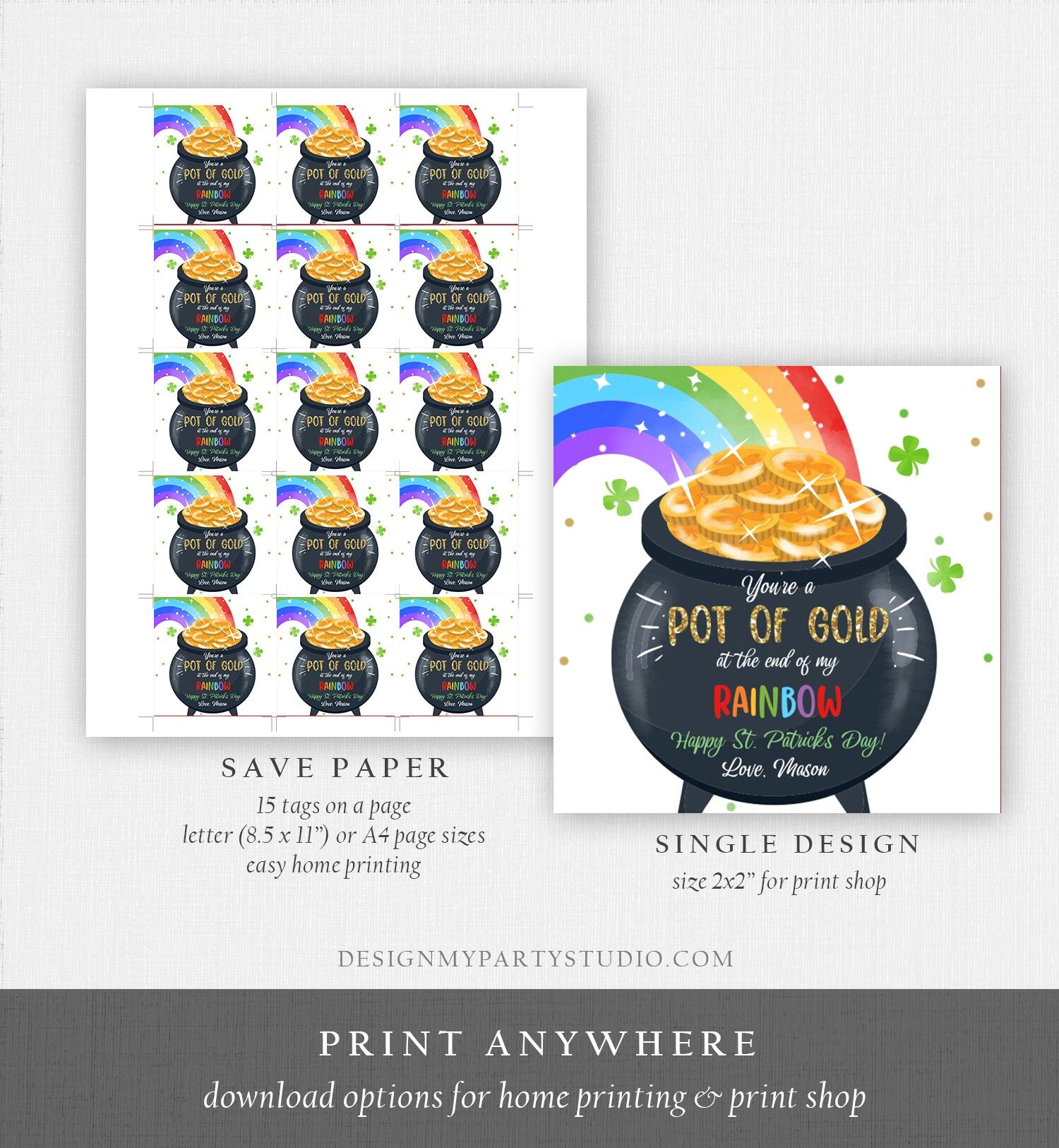 Editable St. Patrick's Day Tag Pot of Gold Favor Tags Glassroom Gift Kids Rainbow Party Favors Gift Friend Class Treats Template Corjl 0451