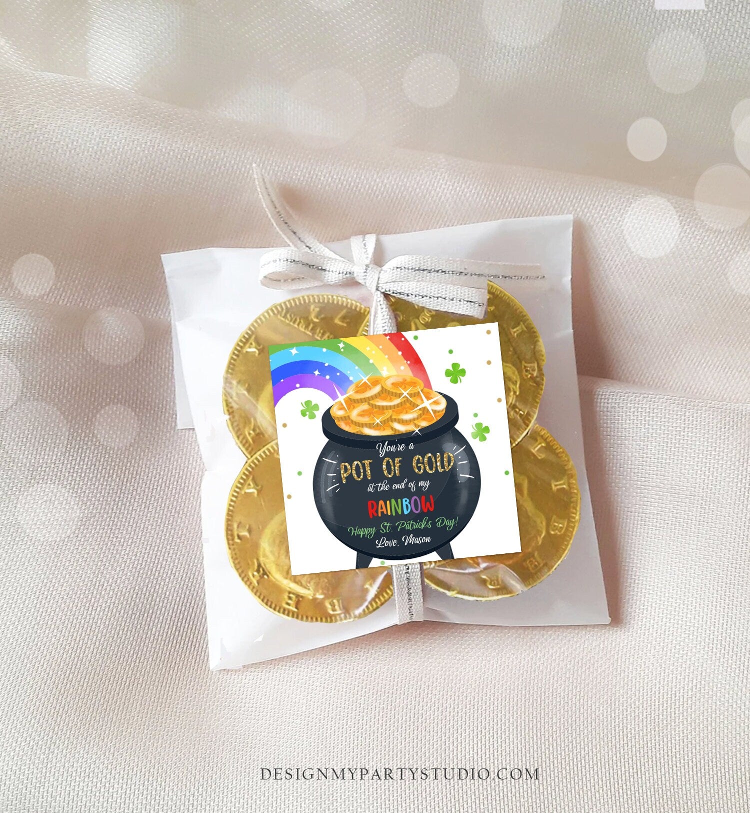 Editable St. Patrick's Day Tag Pot of Gold Favor Tags Glassroom Gift Kids Rainbow Party Favors Gift Friend Class Treats Template Corjl 0451
