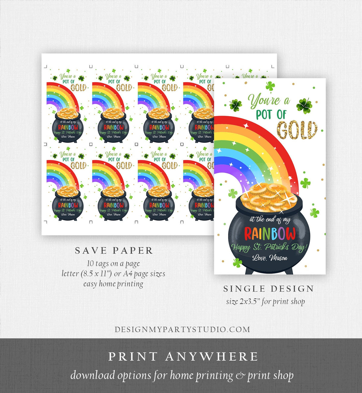 Editable St. Patrick&#39;s Day Tag Pot of Gold Favor Tags Glassroom Gift Kids Rainbow Party Friend Class Treats Digital Template Printable 0451