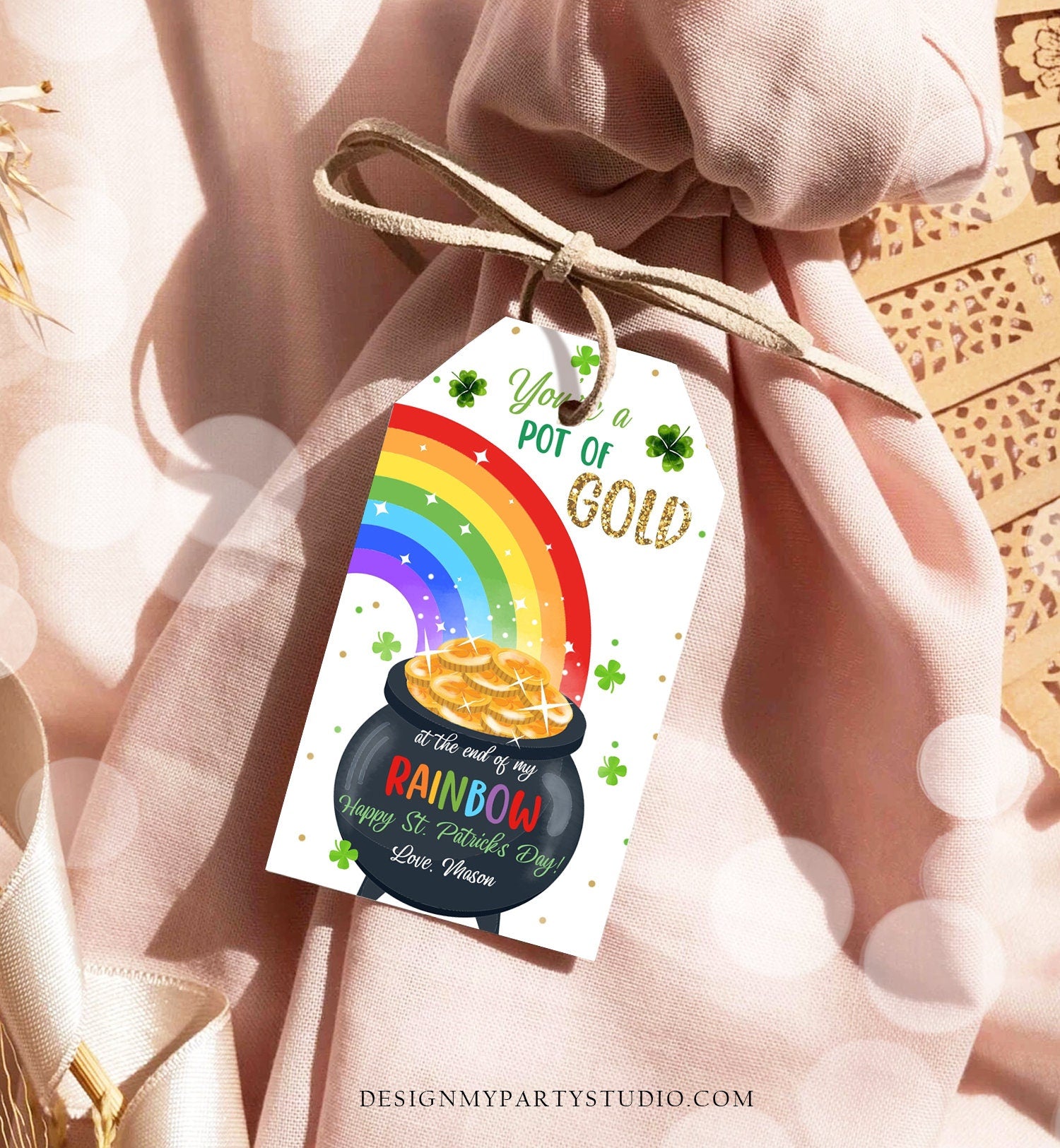 Editable St. Patrick's Day Tag Pot of Gold Favor Tags Glassroom Gift Kids Rainbow Party Friend Class Treats Digital Template Printable 0451