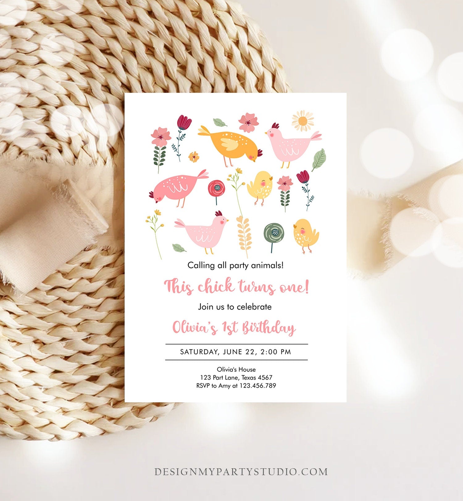 Editable Little Chick Birthday Invitation Girl Spring Birthday Party Farm Barnyard Chicken Easter Download Corjl Template Printable 0446
