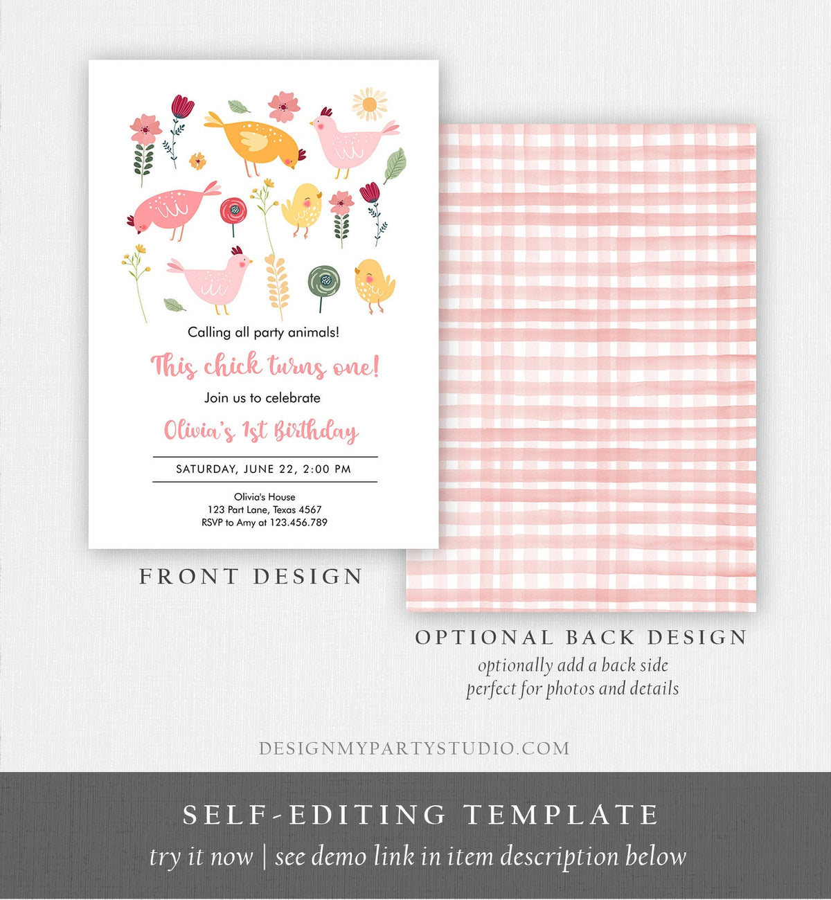 Editable Little Chick Birthday Invitation Girl Spring Birthday Party Farm Barnyard Chicken Easter Download Corjl Template Printable 0446