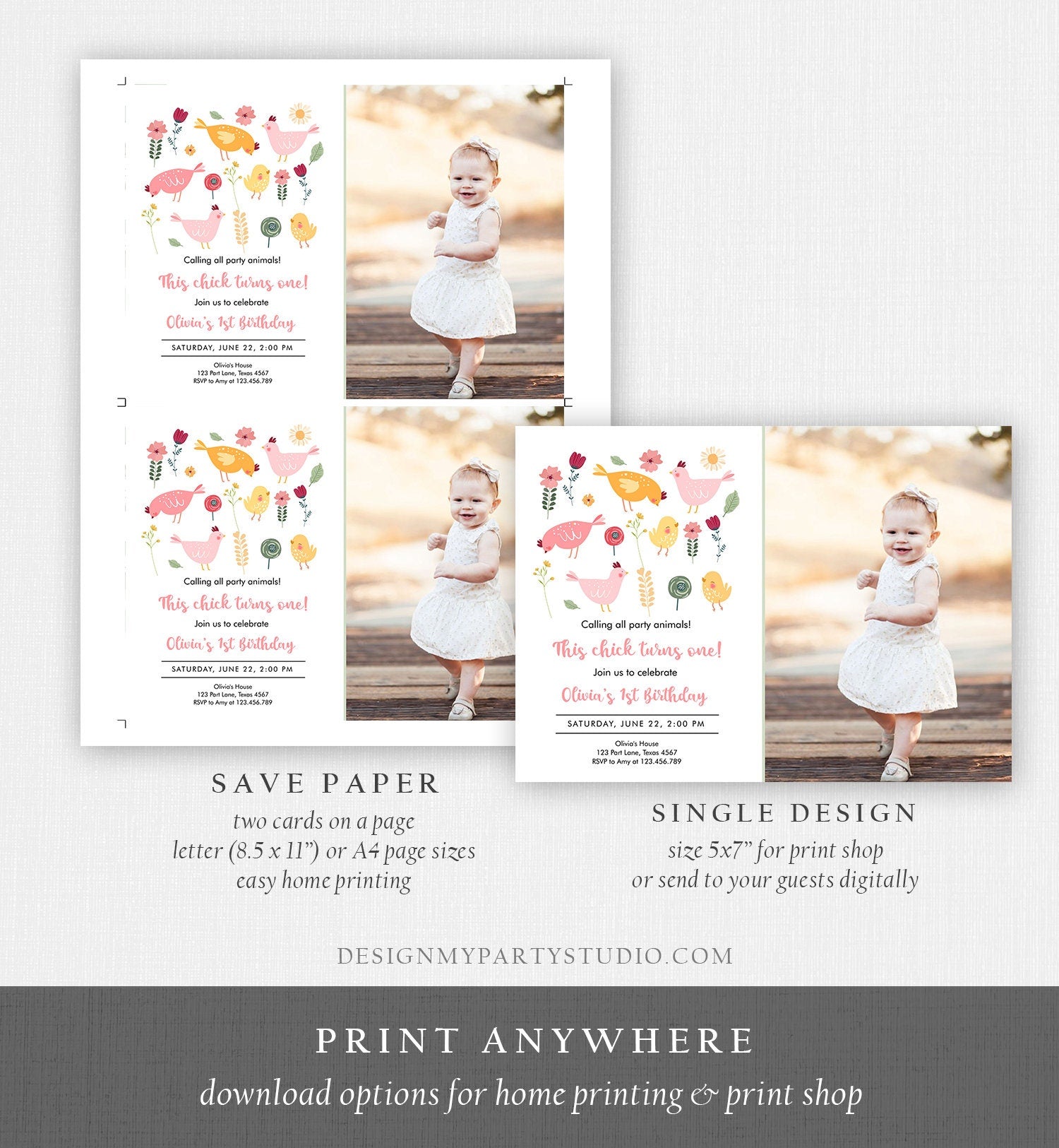 Editable Little Chick Birthday Invitation Girl Spring Birthday Party Farm Barnyard Chicken Easter Digital Download Template Printable 0446