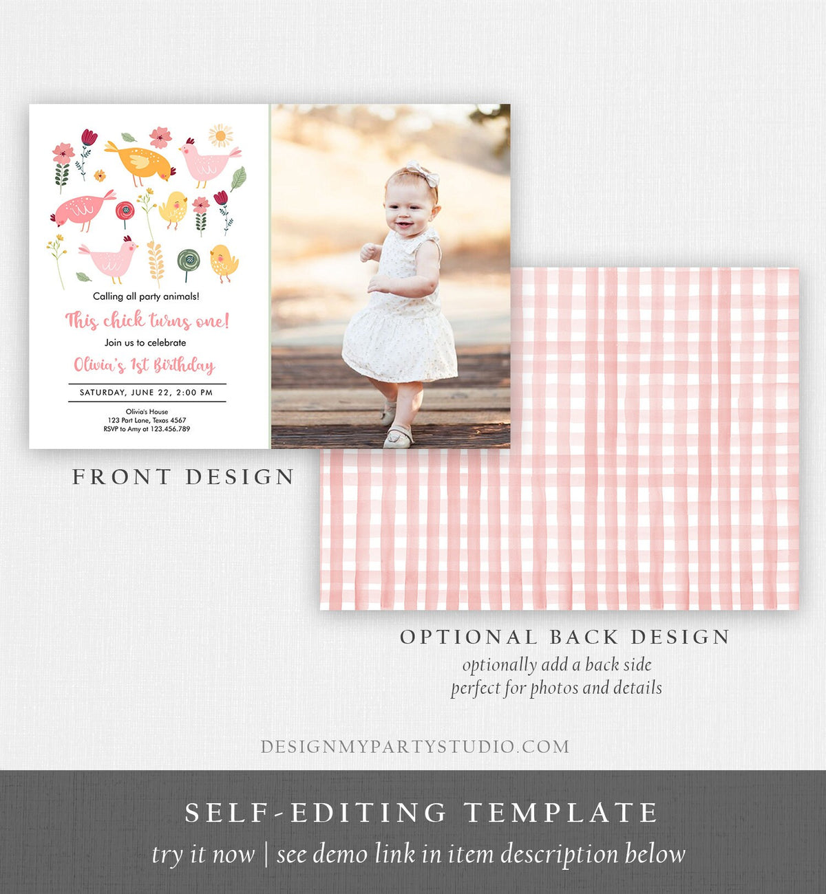 Editable Little Chick Birthday Invitation Girl Spring Birthday Party Farm Barnyard Chicken Easter Digital Download Template Printable 0446